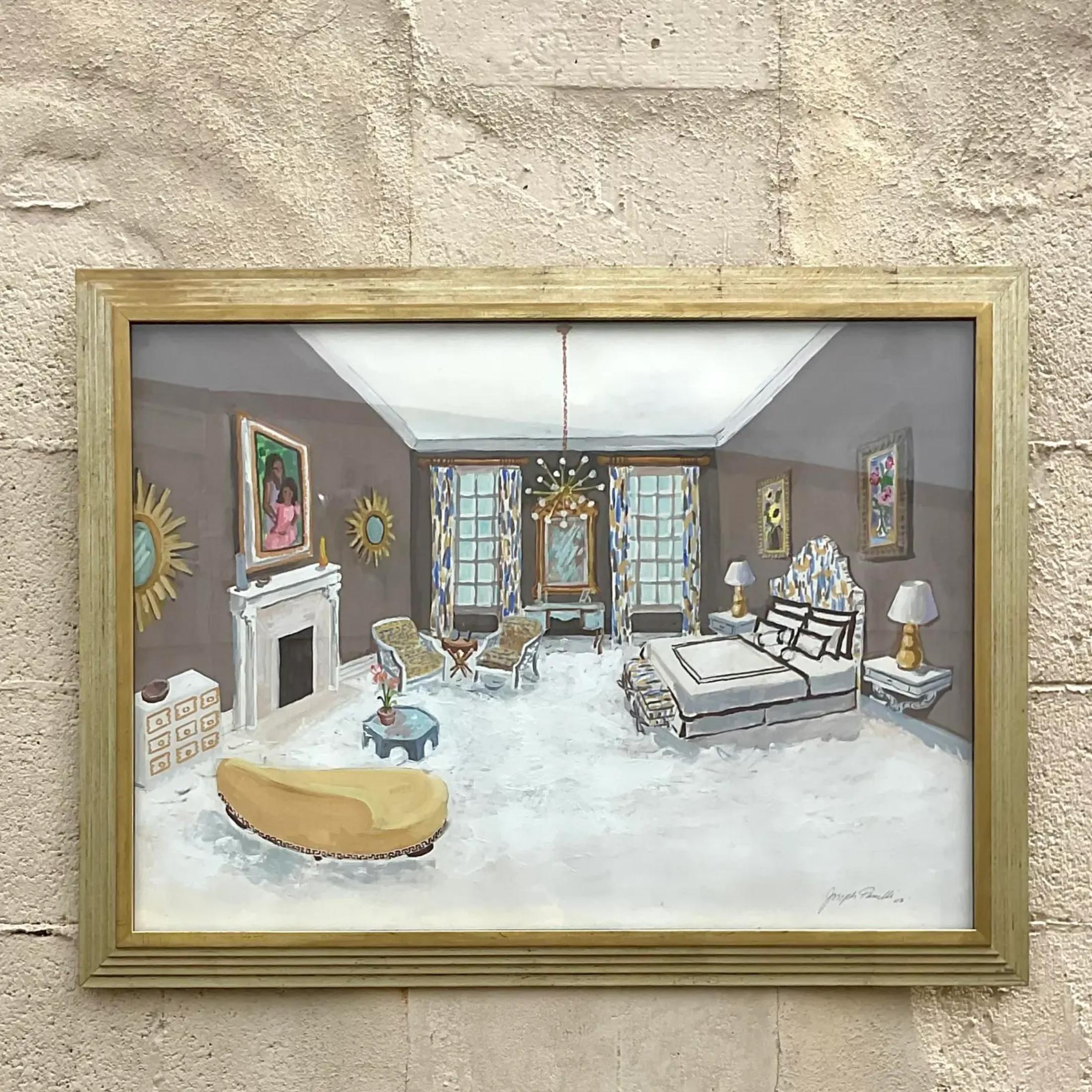 A fabulous vintage Original oil painting on paper. A chic interiors composition in clear colors. A glamorous bedroom scene in a gilt frame. Acquired from a Palm Beach estate