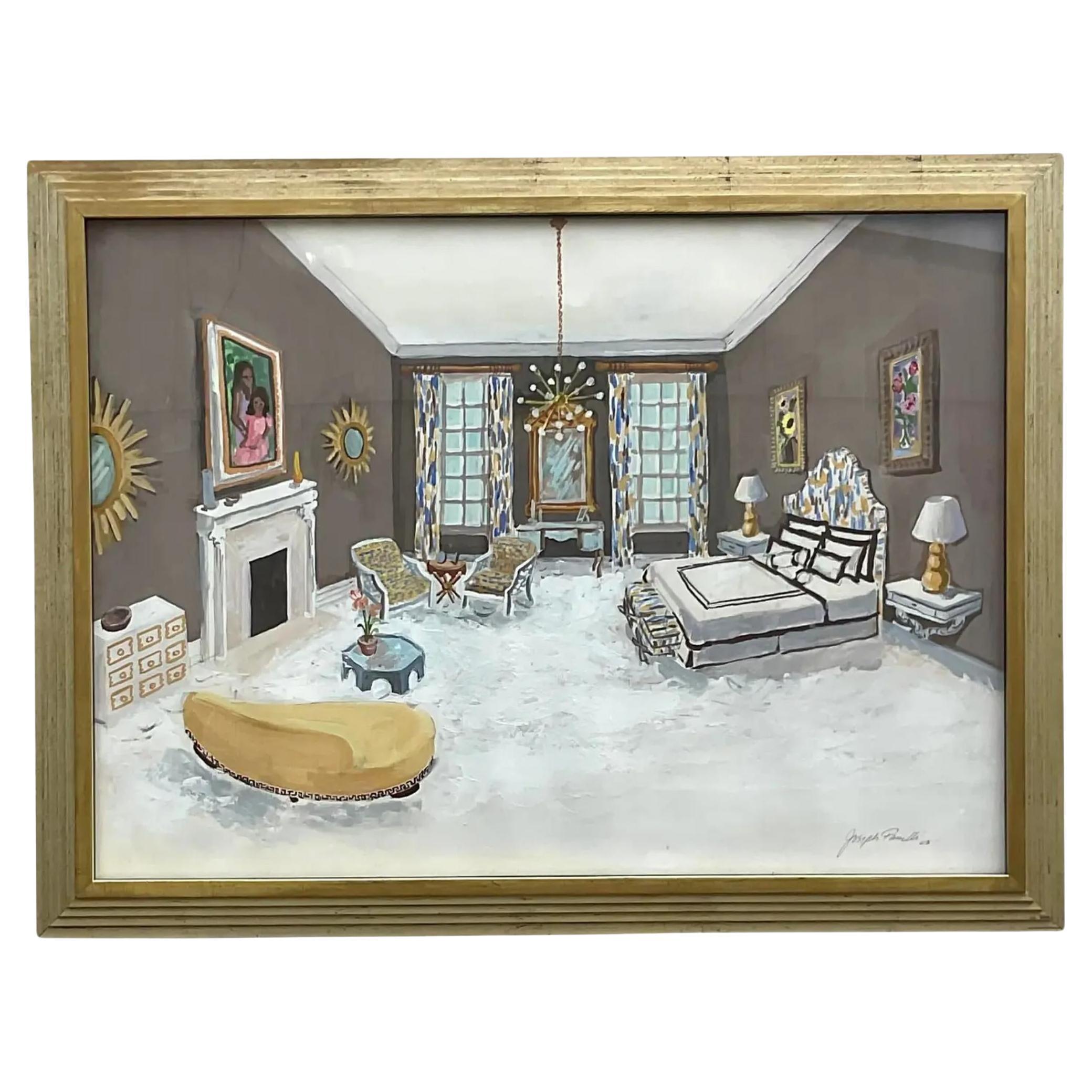 Vintage Regency Signed Interiors Painting on Paper