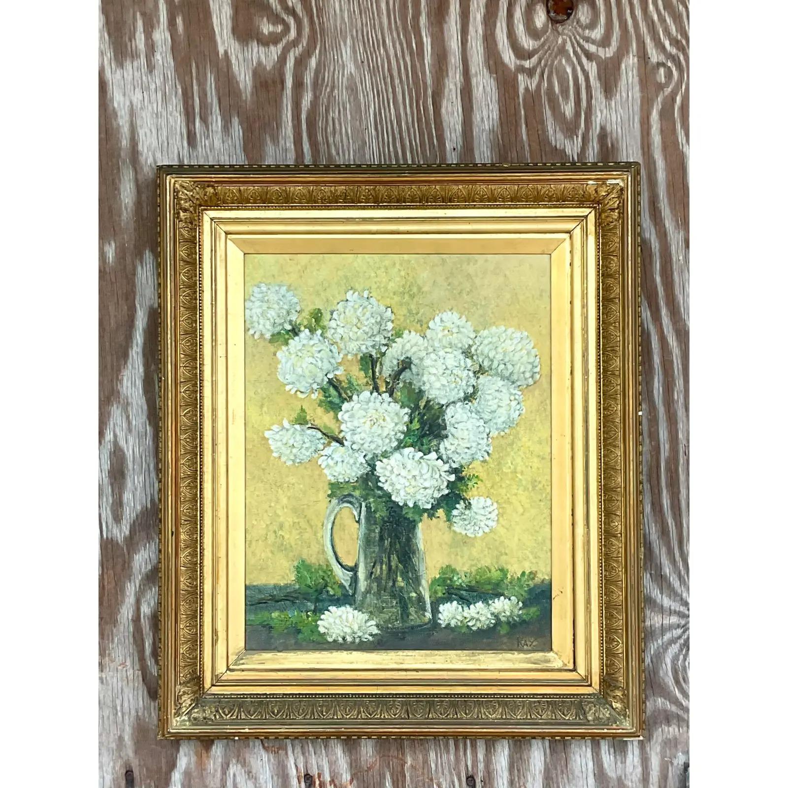 Vintage Regency original oil painting. A beautiful period composition of white flowers in a vase. Signed by the artist. Acquired from a Palm Beach estate.