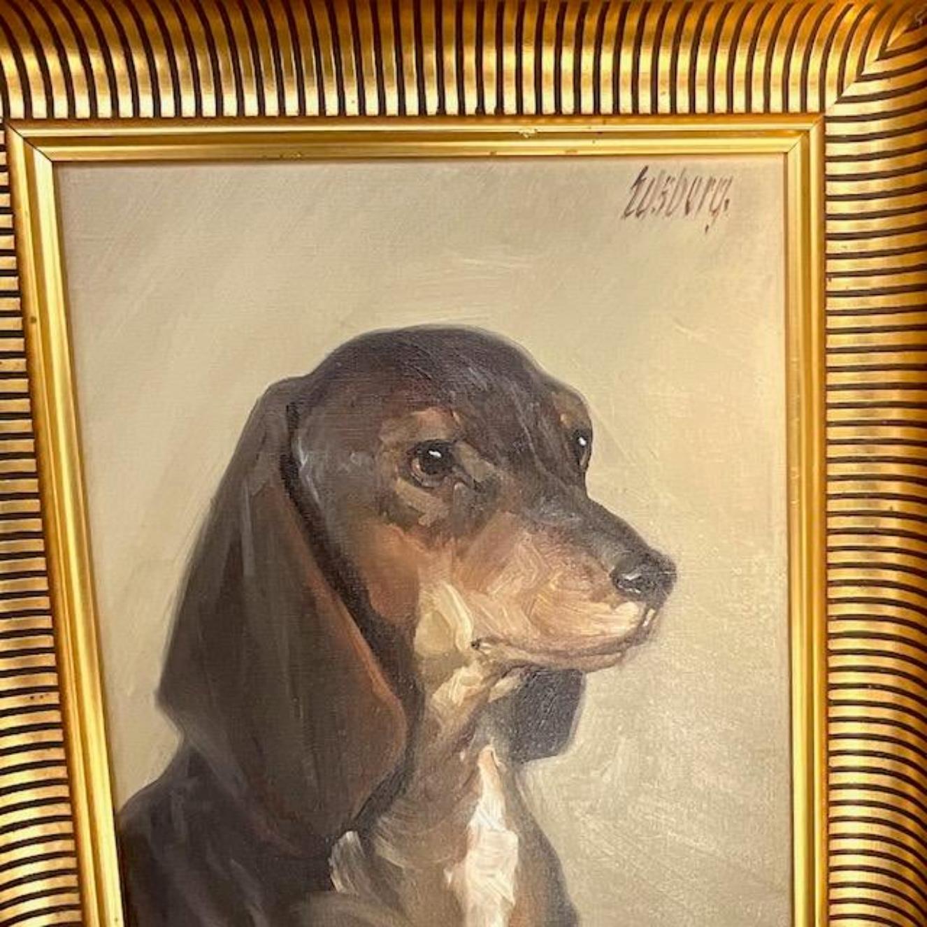 A fabulous vintage Boho original oil painting. A chic composition of a small Dachshund. Signed by the artist. Acquired from a Palm Beach estate.