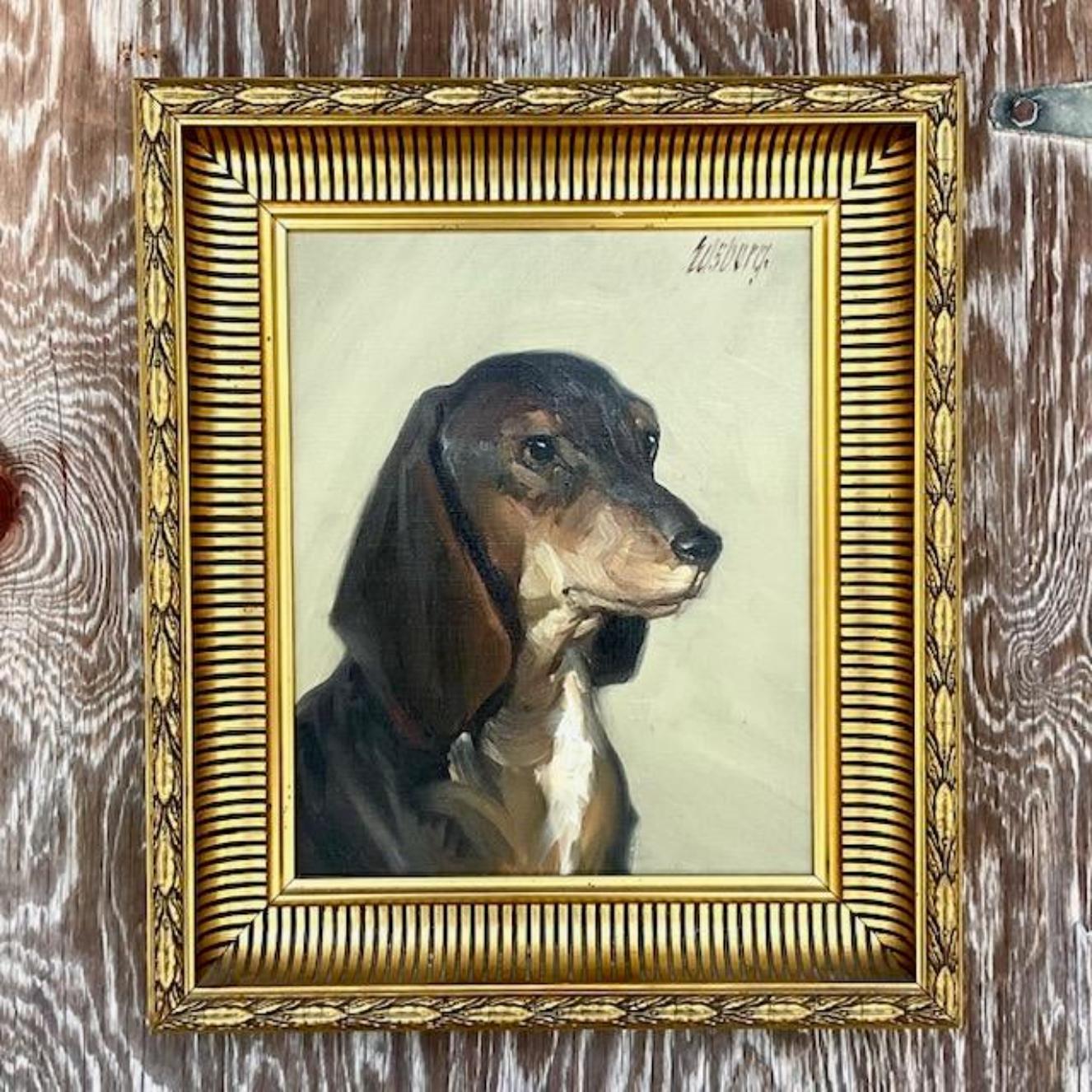American Vintage Regency Signed Original Oil Painting of Dog