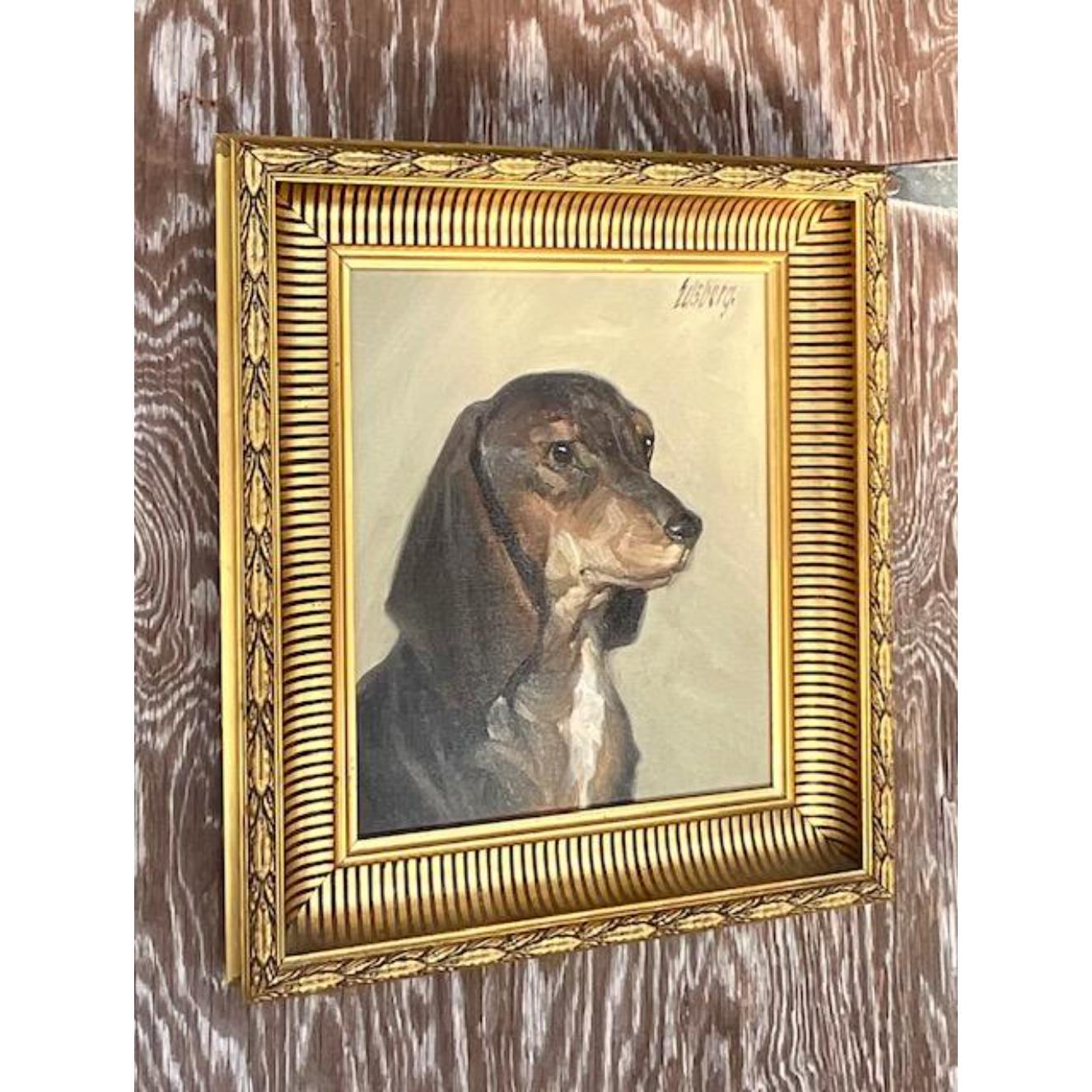 Vintage Regency Signed Original Oil Painting of Dog In Good Condition For Sale In west palm beach, FL