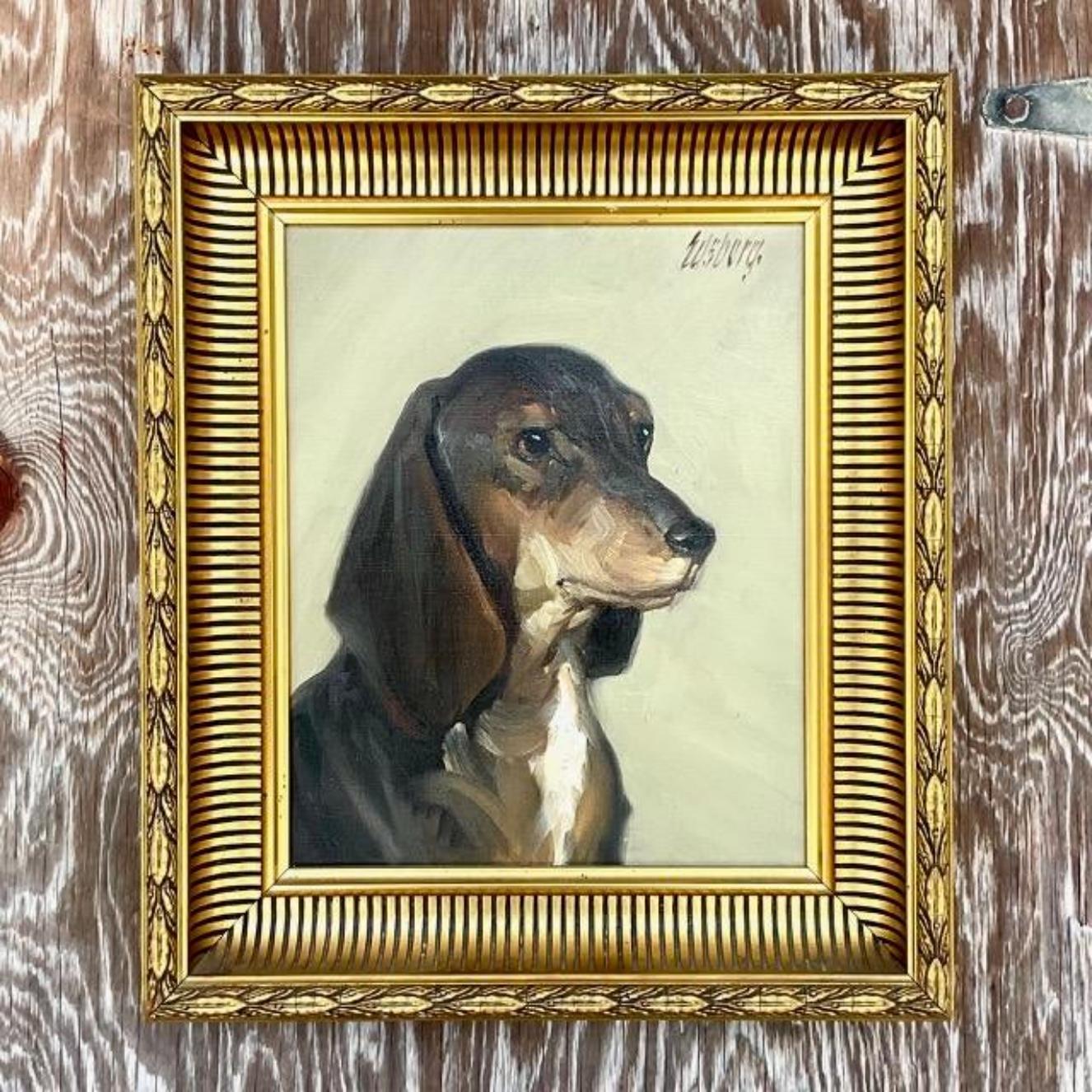 20th Century Vintage Regency Signed Original Oil Painting of Dog For Sale