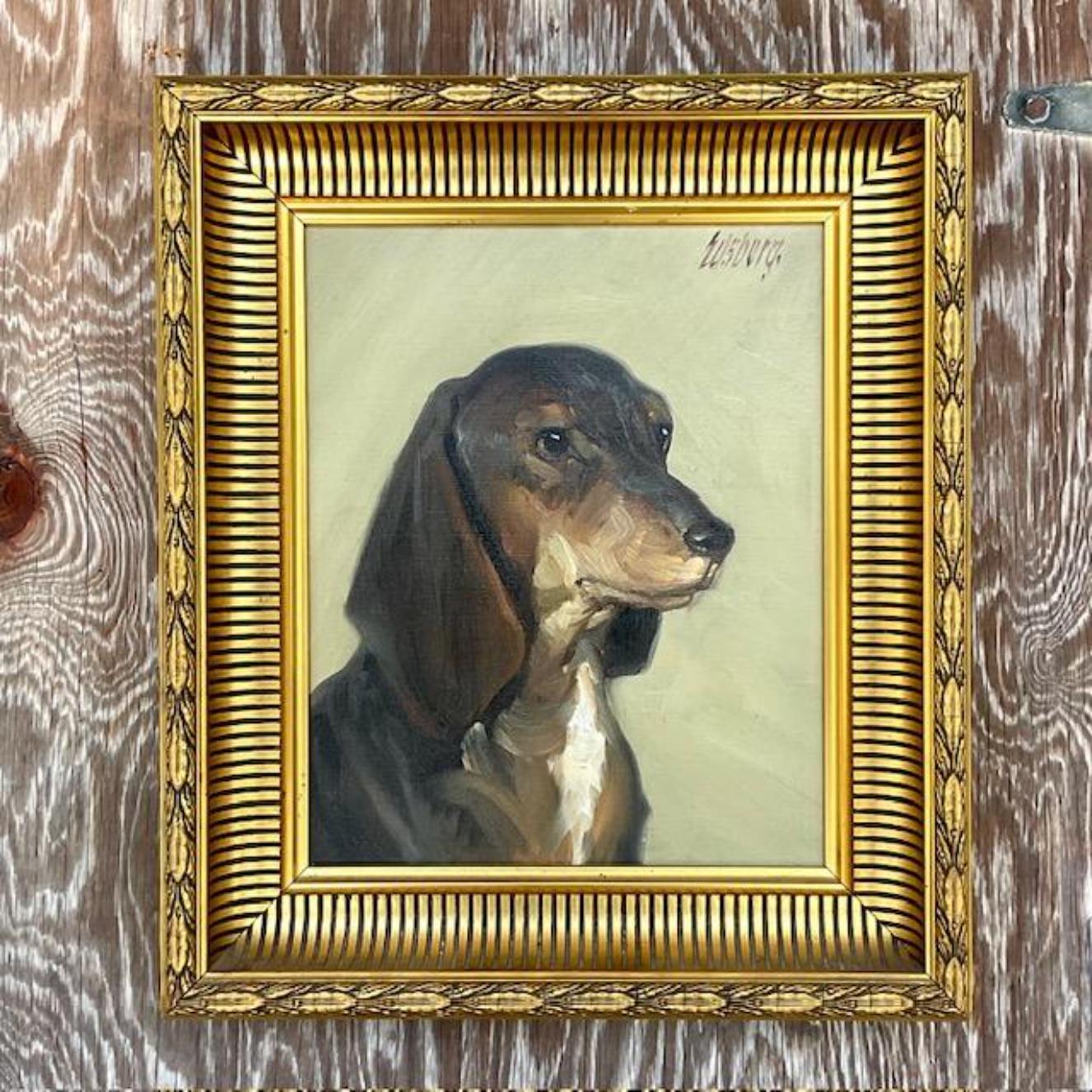 Canvas Vintage Regency Signed Original Oil Painting of Dog For Sale