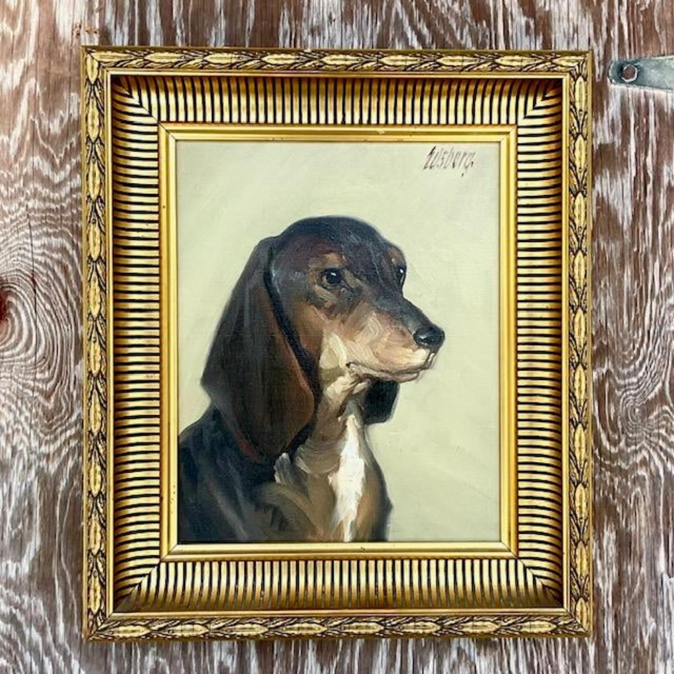 Vintage Regency Signed Original Oil Painting of Dog For Sale 1
