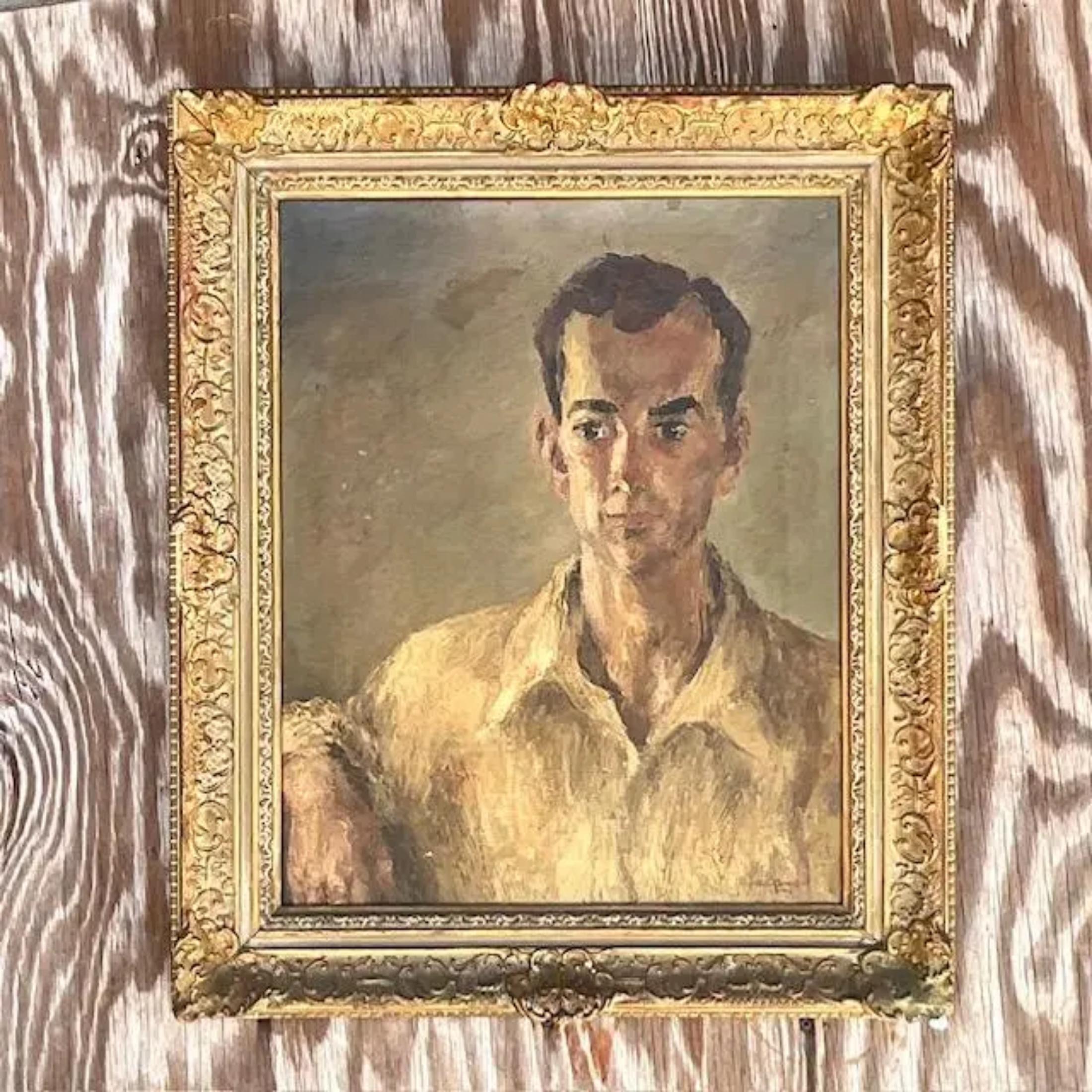A striking vintage Regency oil portrait on canvas. A chic composition in the period style. Signed and dated by the artist. Acquired from a Palm Beach estate