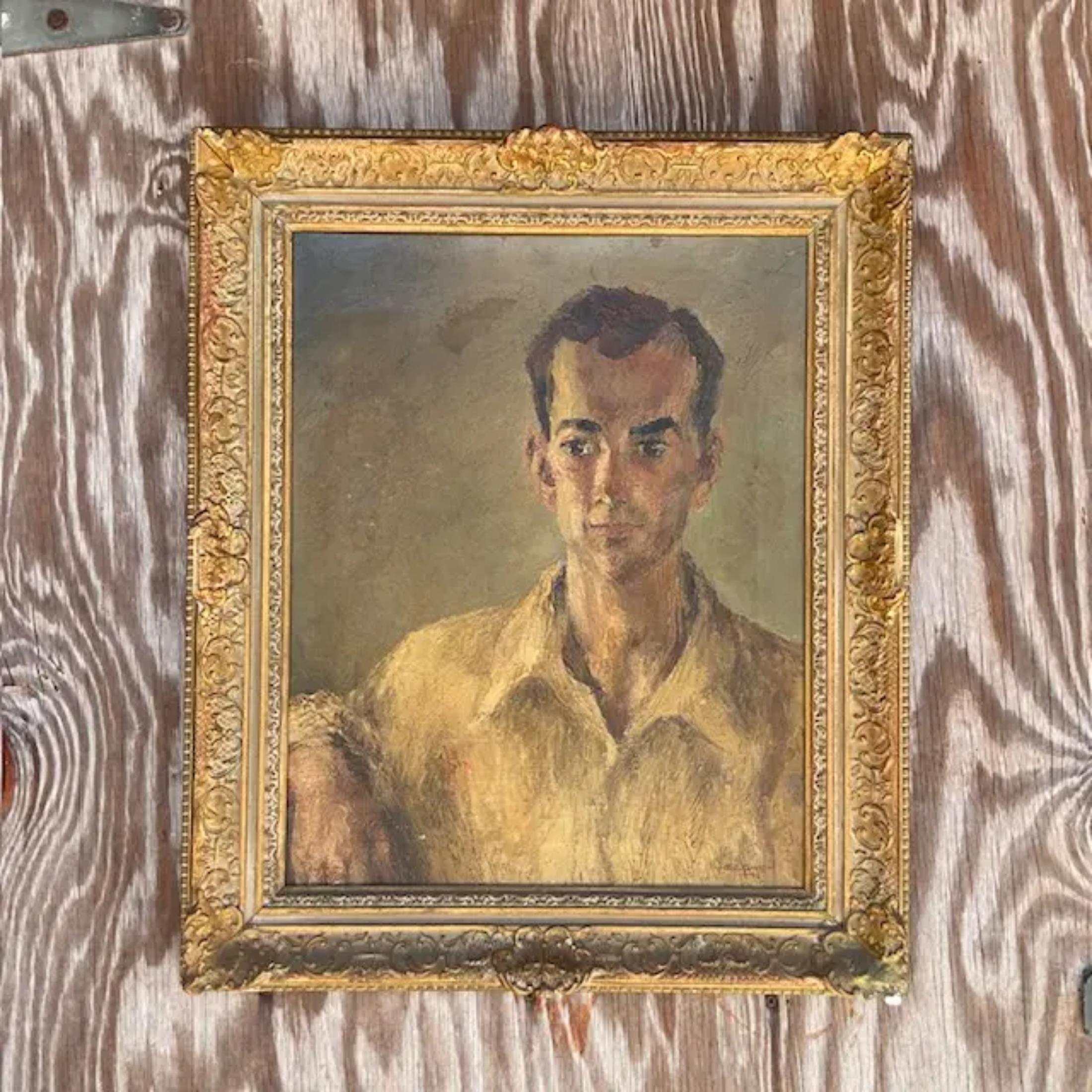 Toile Vintage Regency Signed Original Oil Portrait of Man en vente