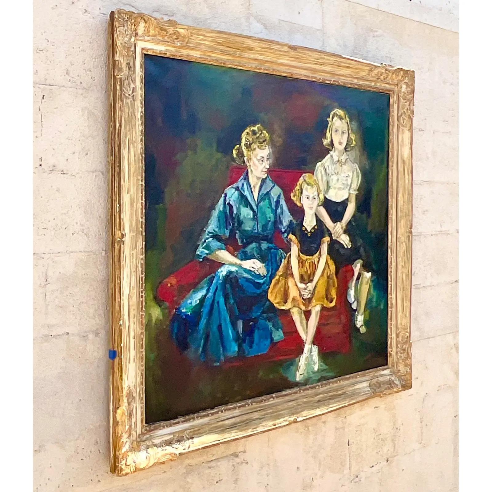 Fantastic vintage original oil portrait of women. Beautiful rich color dominates this canvas composition of a family of three women. Gorgeous carved frame. Signed by the artist. Acquired from a Miami estate.