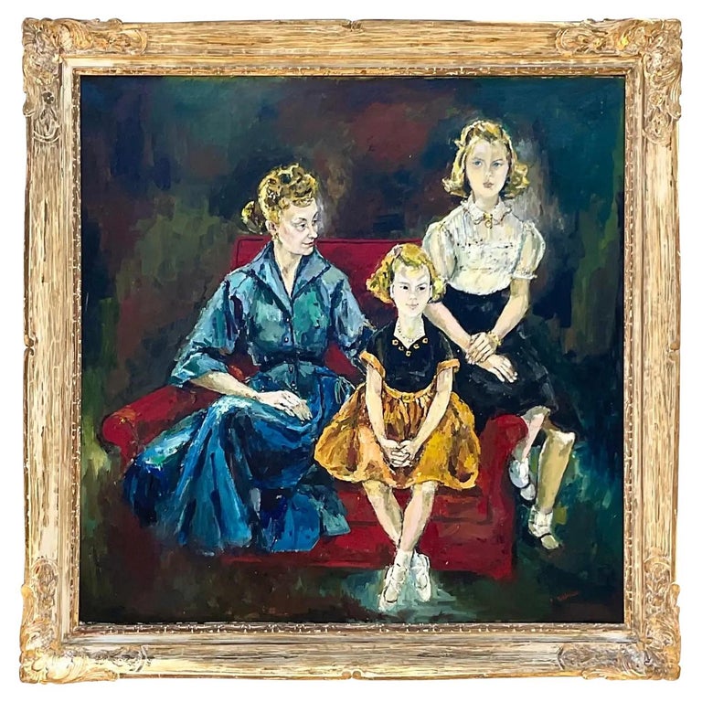Vintage Regency Signed Original Oil Portrait of Women For Sale at 1stDibs