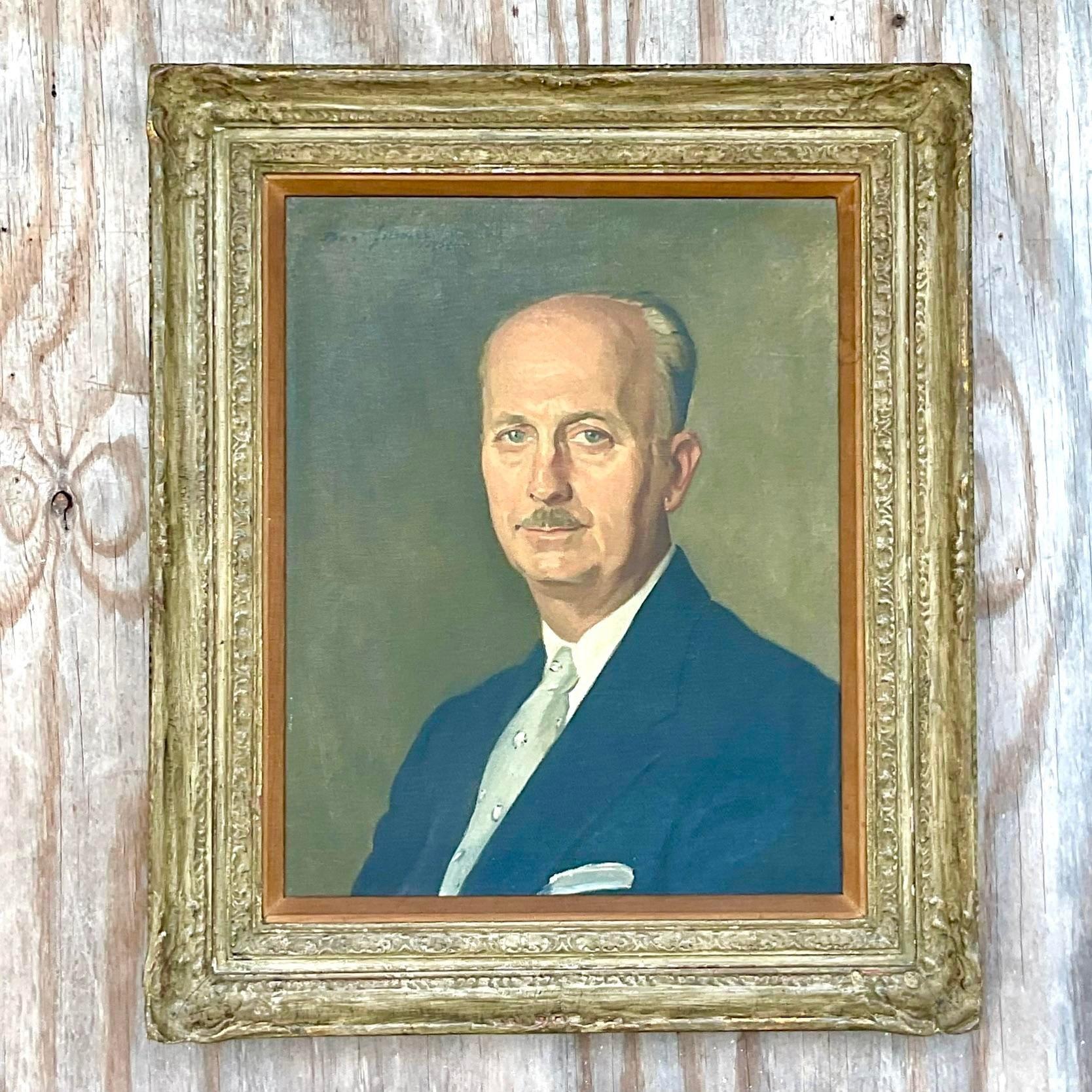 A fabulous vintage Regency original oil portrait. A chic 1954 composition signed by the artist. A masterful work on canvas with the original frame. Acquired from a PA estate.