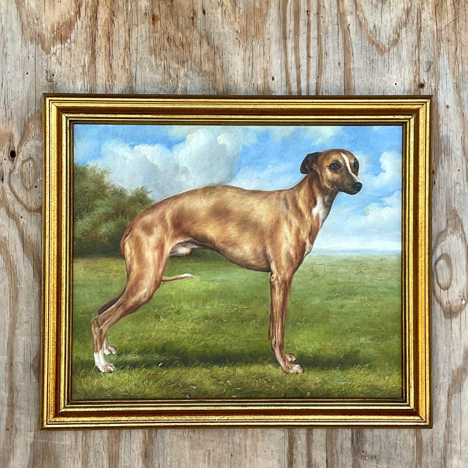 Nord-américain Peinture à l'huile vintage Regency signée et signée représentant un chien en vente