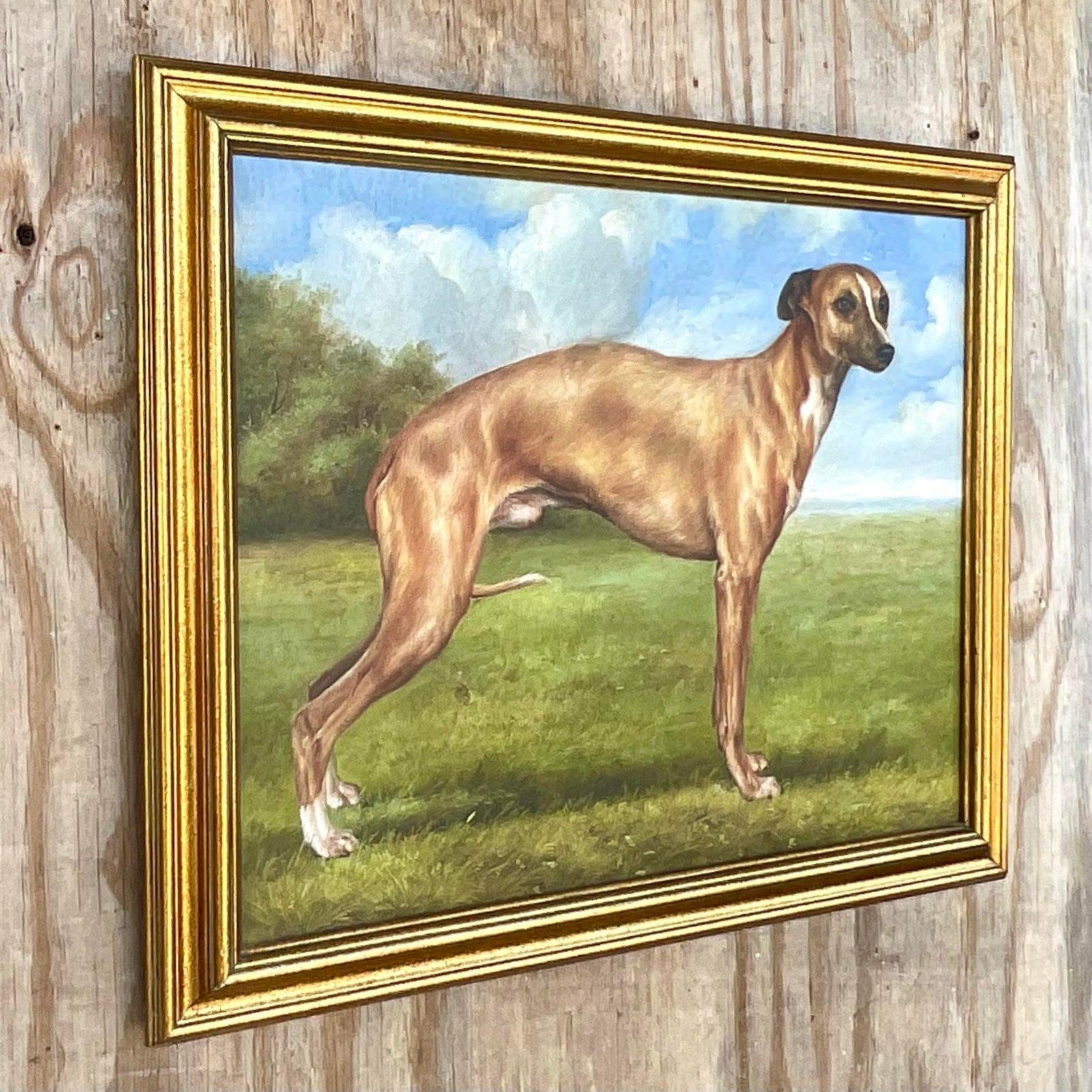 Vintage Regency Signed Signed Oil Painting of Dog In Good Condition For Sale In west palm beach, FL