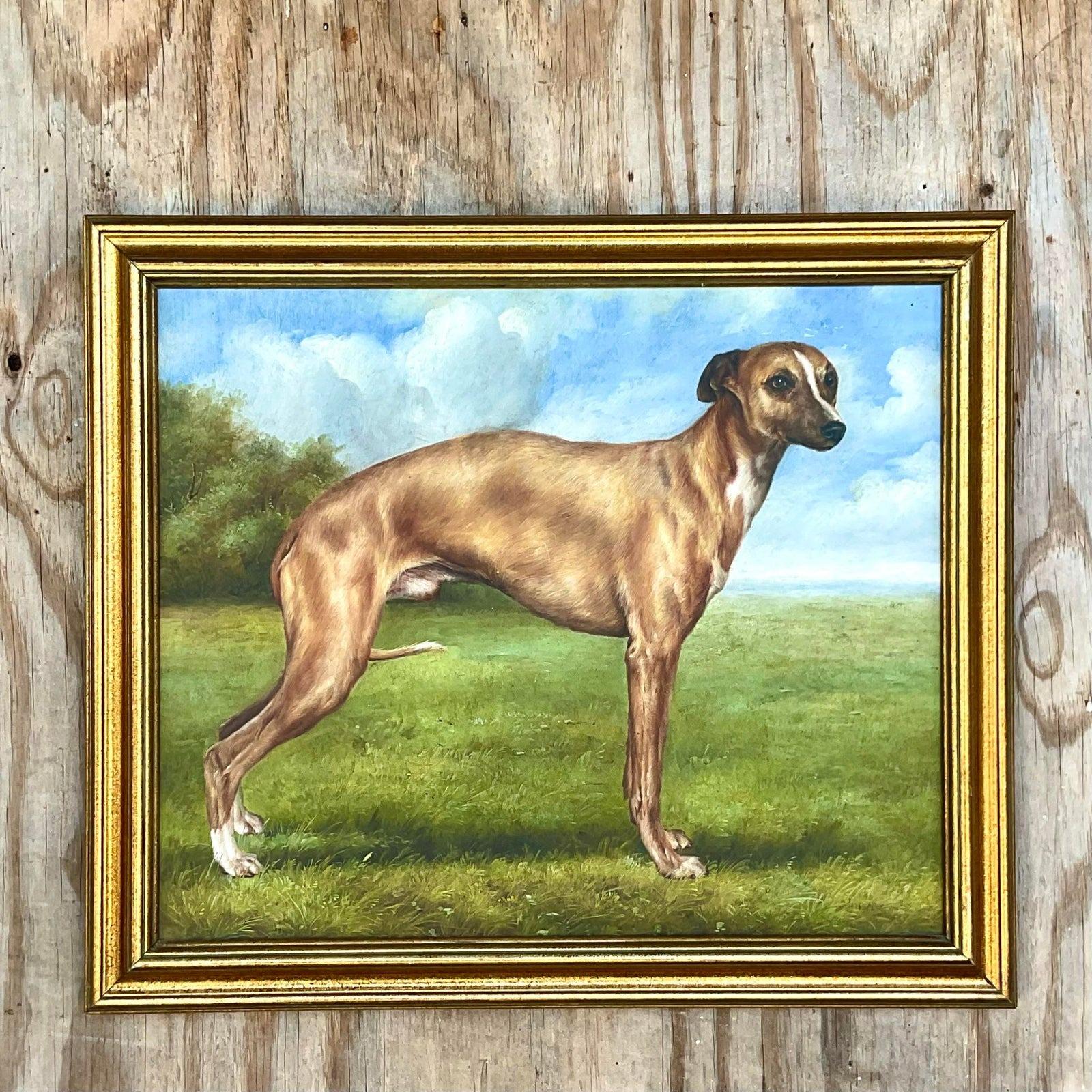 20ième siècle Peinture à l'huile vintage Regency signée et signée représentant un chien en vente