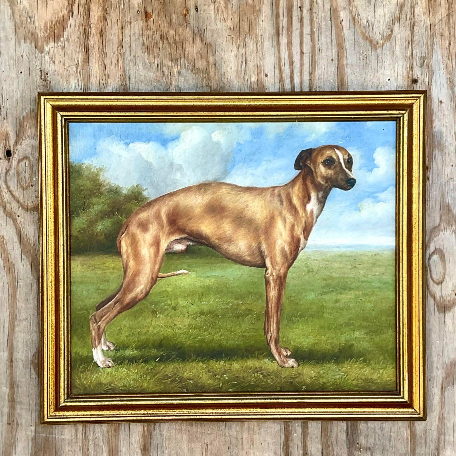 Toile Peinture à l'huile vintage Regency signée et signée représentant un chien en vente