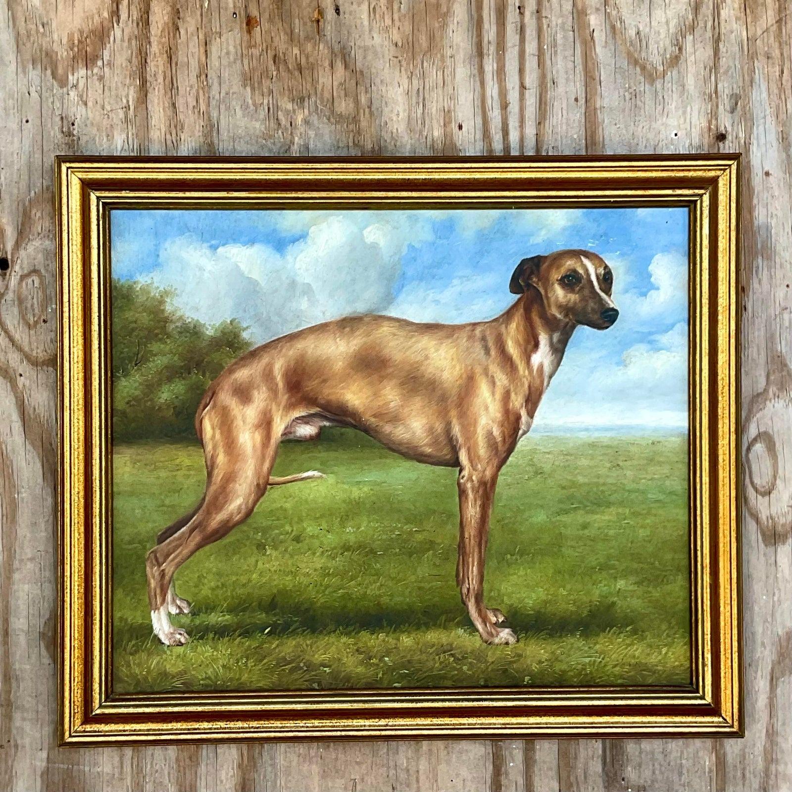 Peinture à l'huile vintage Regency signée et signée représentant un chien en vente 2