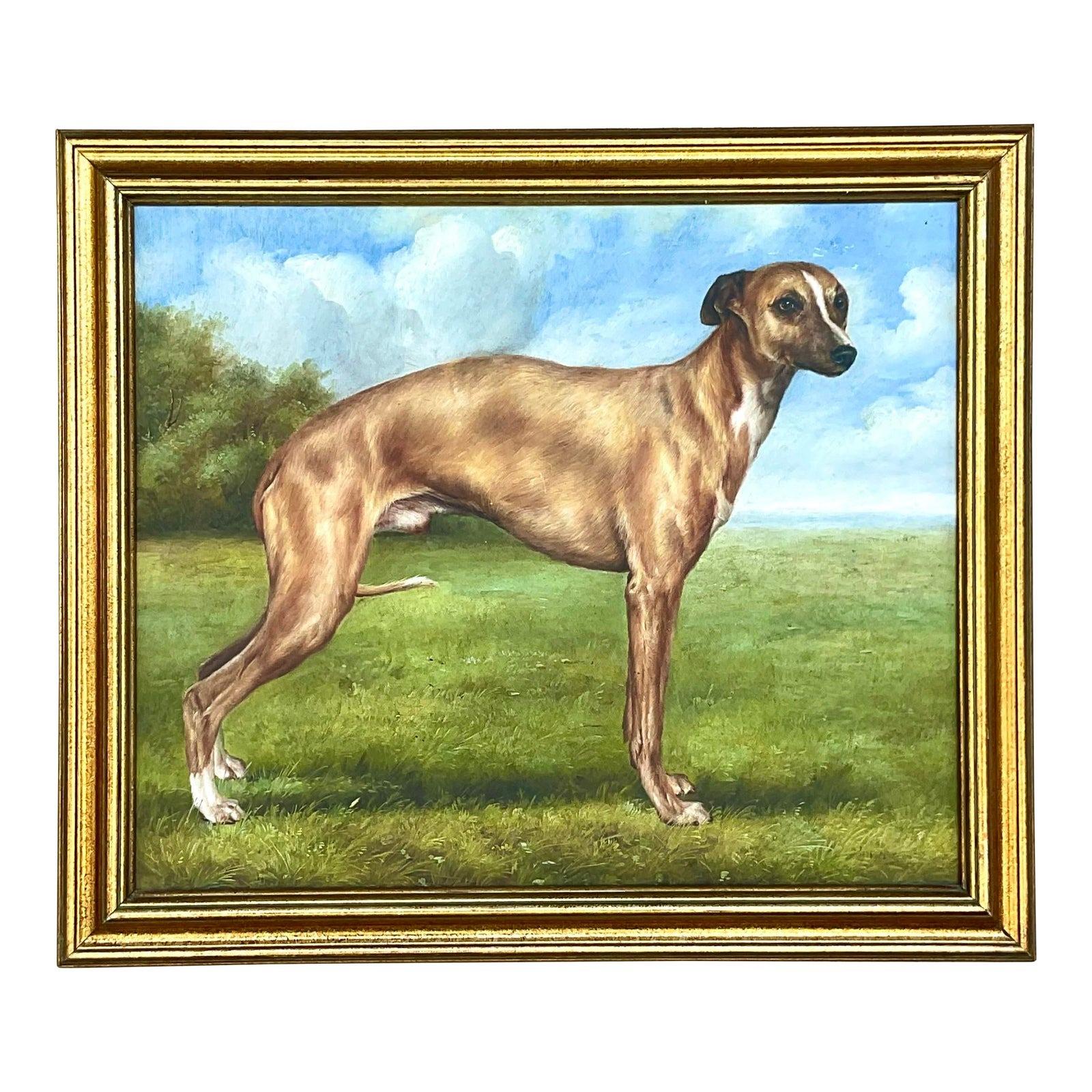 Peinture à l'huile vintage Regency signée et signée représentant un chien en vente