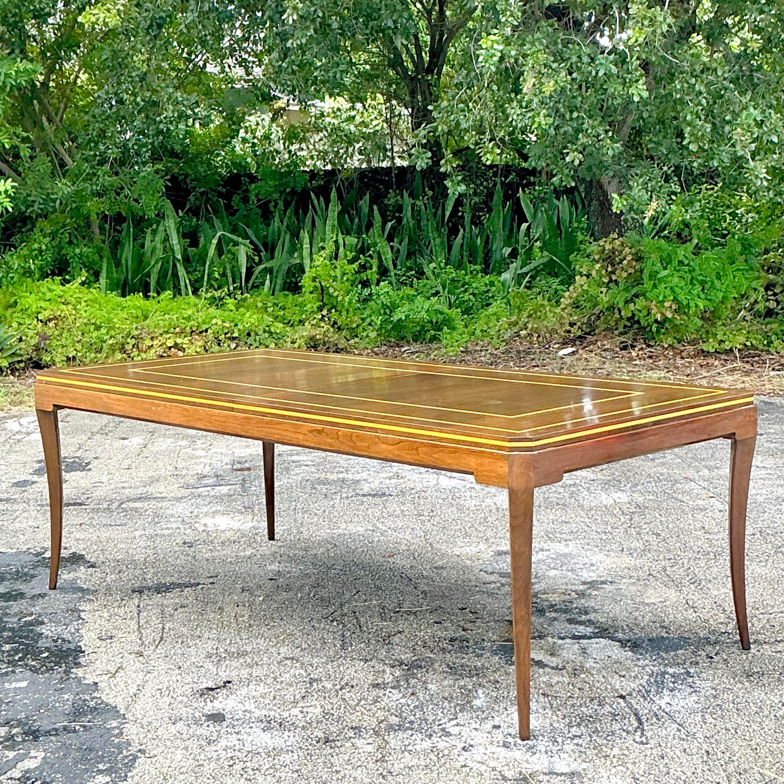 North American Vintage Regency Signed Tommi Parzinger “Racetrack” Extendable Inlay Dining Table For Sale