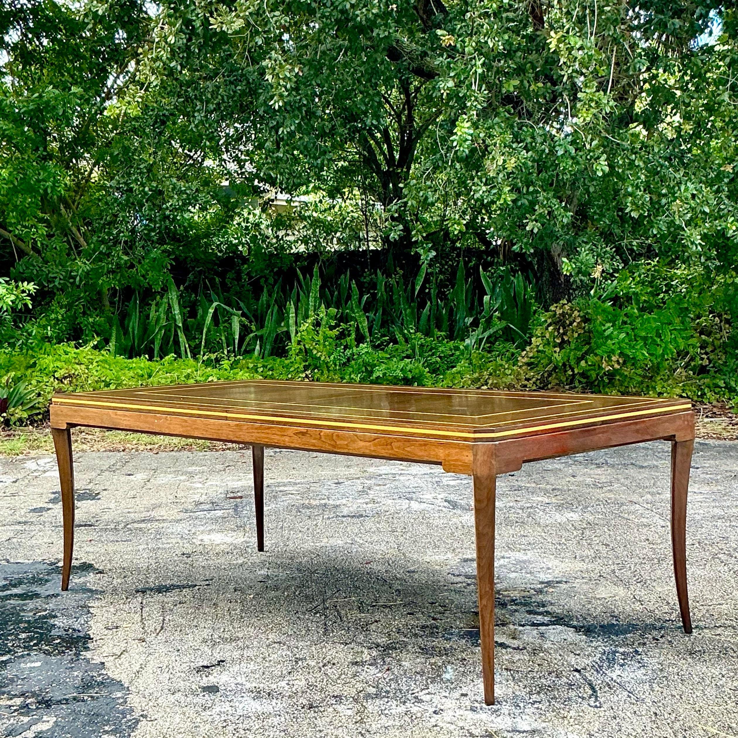 20th Century Vintage Regency Signed Tommi Parzinger “Racetrack” Extendable Inlay Dining Table For Sale