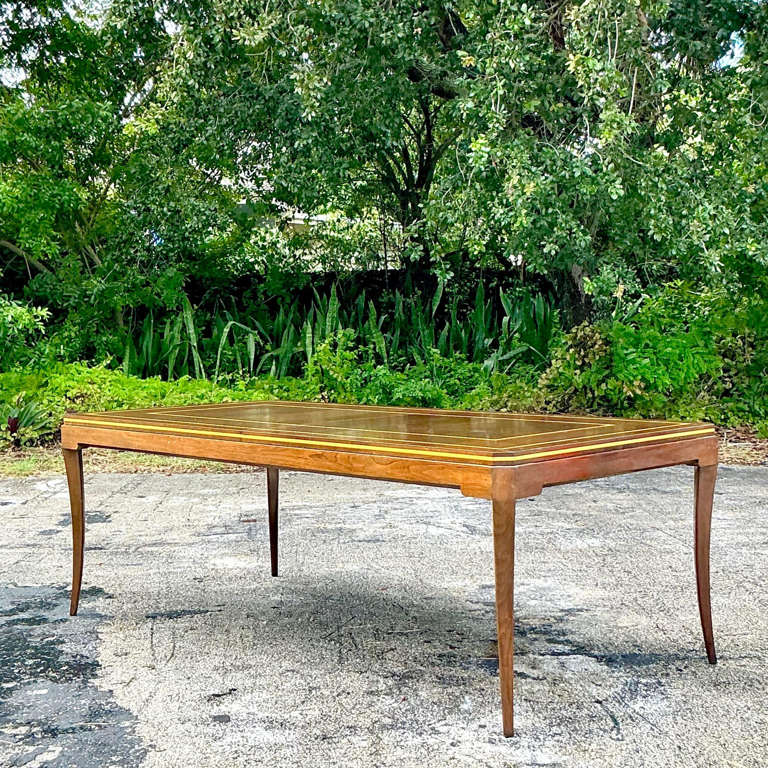 Wood Vintage Regency Signed Tommi Parzinger “Racetrack” Extendable Inlay Dining Table For Sale