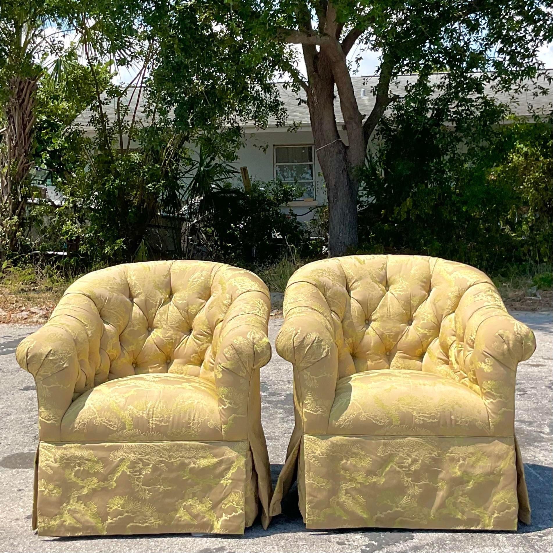 Vintage Regency Silk Chinoiserie Tufted Swivel Chairs, a Pair In Good Condition In west palm beach, FL