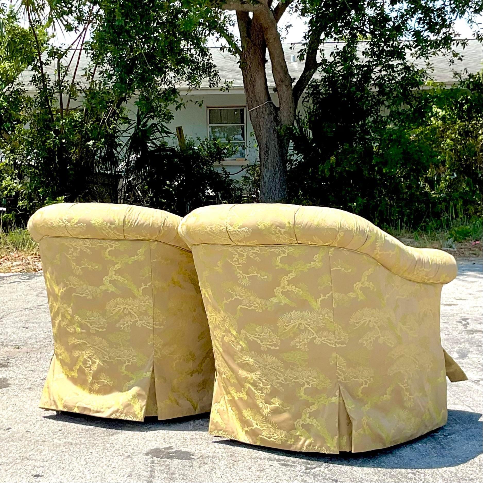 Vintage Regency Silk Chinoiserie Tufted Swivel Chairs, a Pair 3