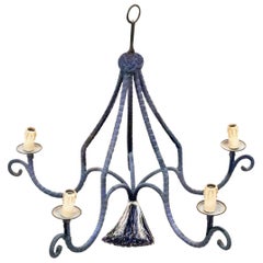 Vintage Regency Silk Navy Blue Minimal Chandelier, Five-Armed with Tassel, 1960s