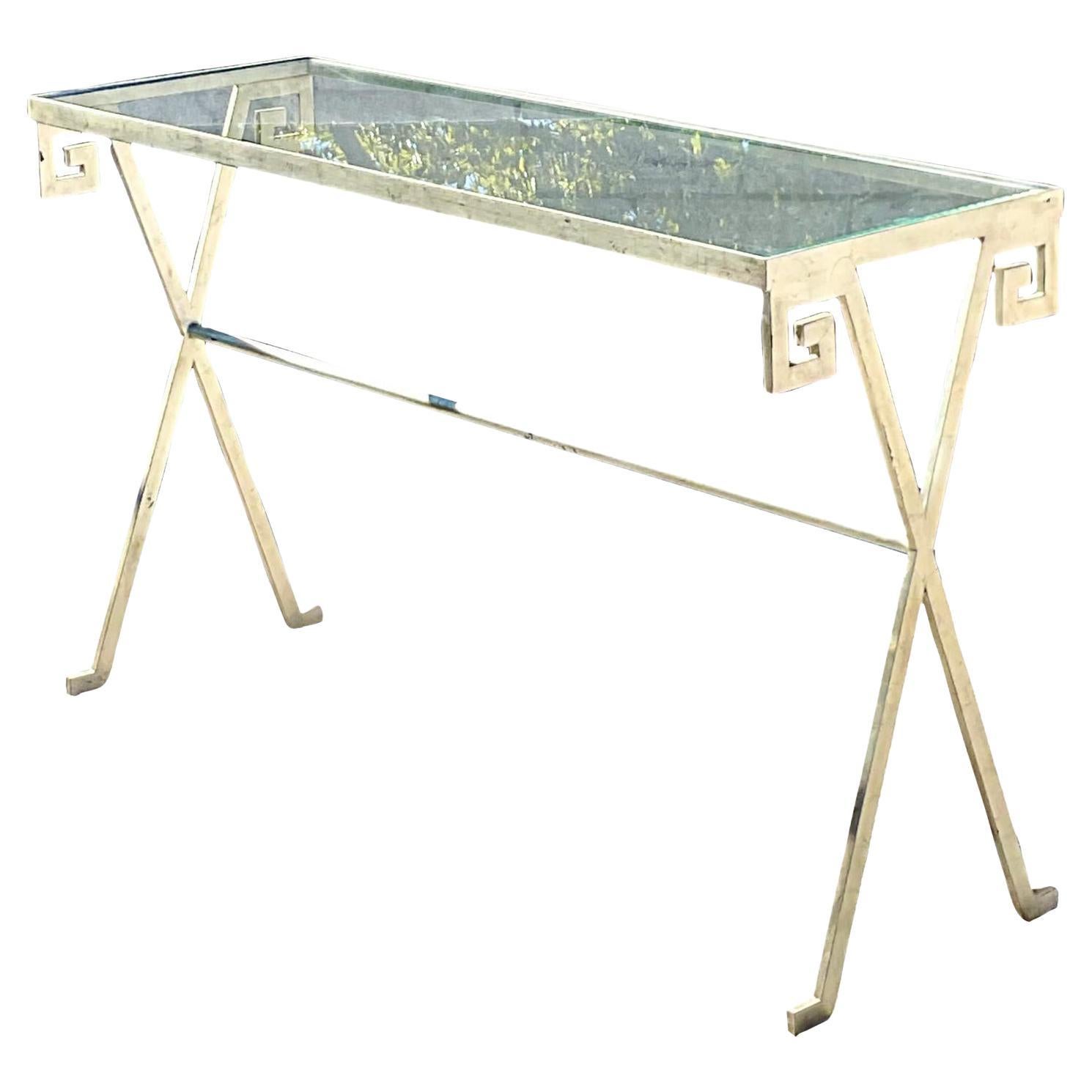 Table console Regency vintage en forme de clé grecque en feuille d'argent