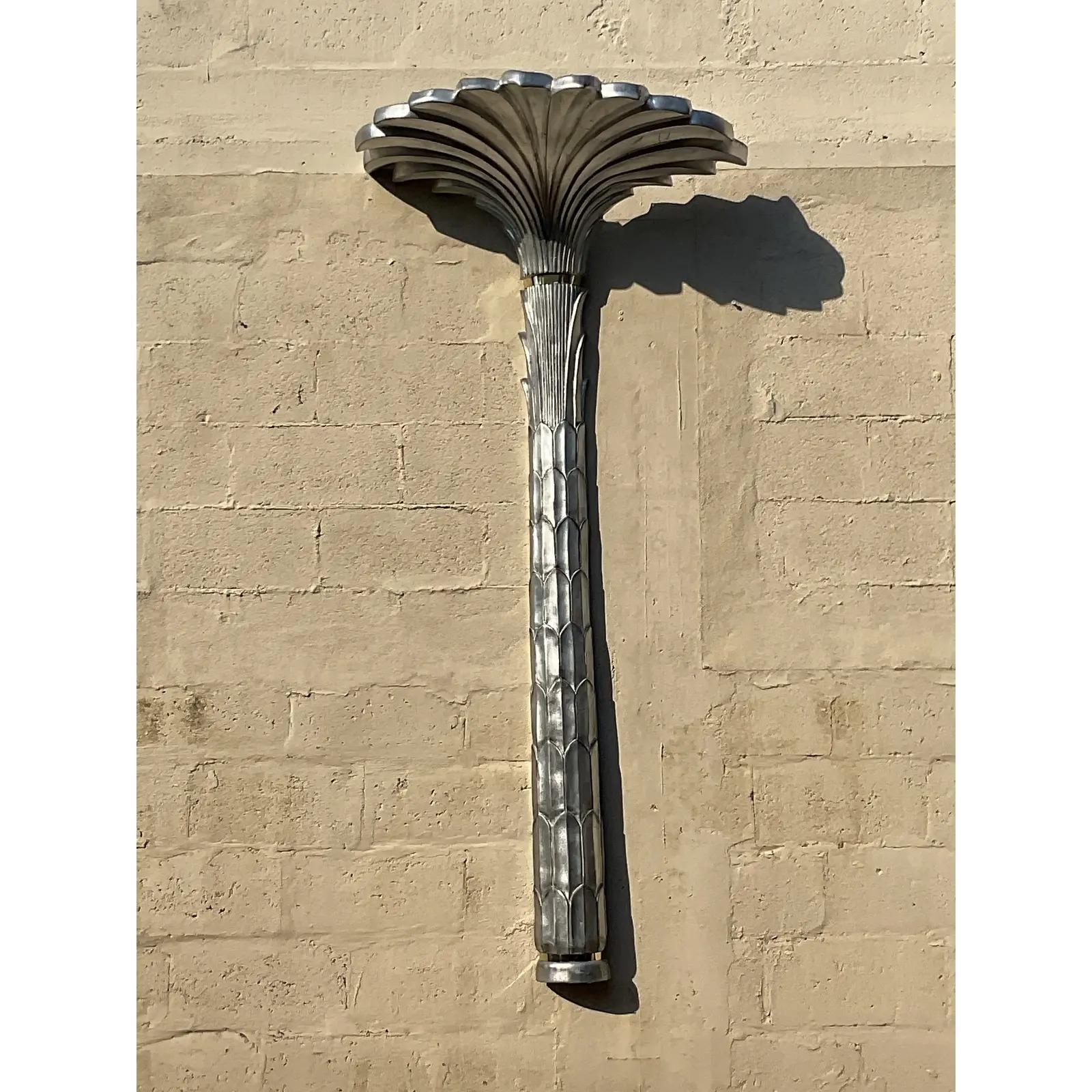 North American Vintage Regency Silver Leaf Palm Tree Wall Lamp After Dorothy Draper