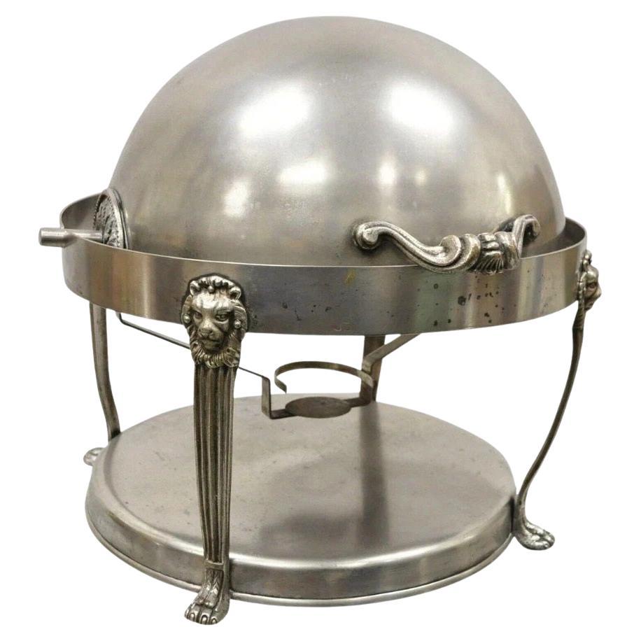Vintage Regency Silver Plated Steel Round Catering Serving Chafing Dish w/ Lions For Sale