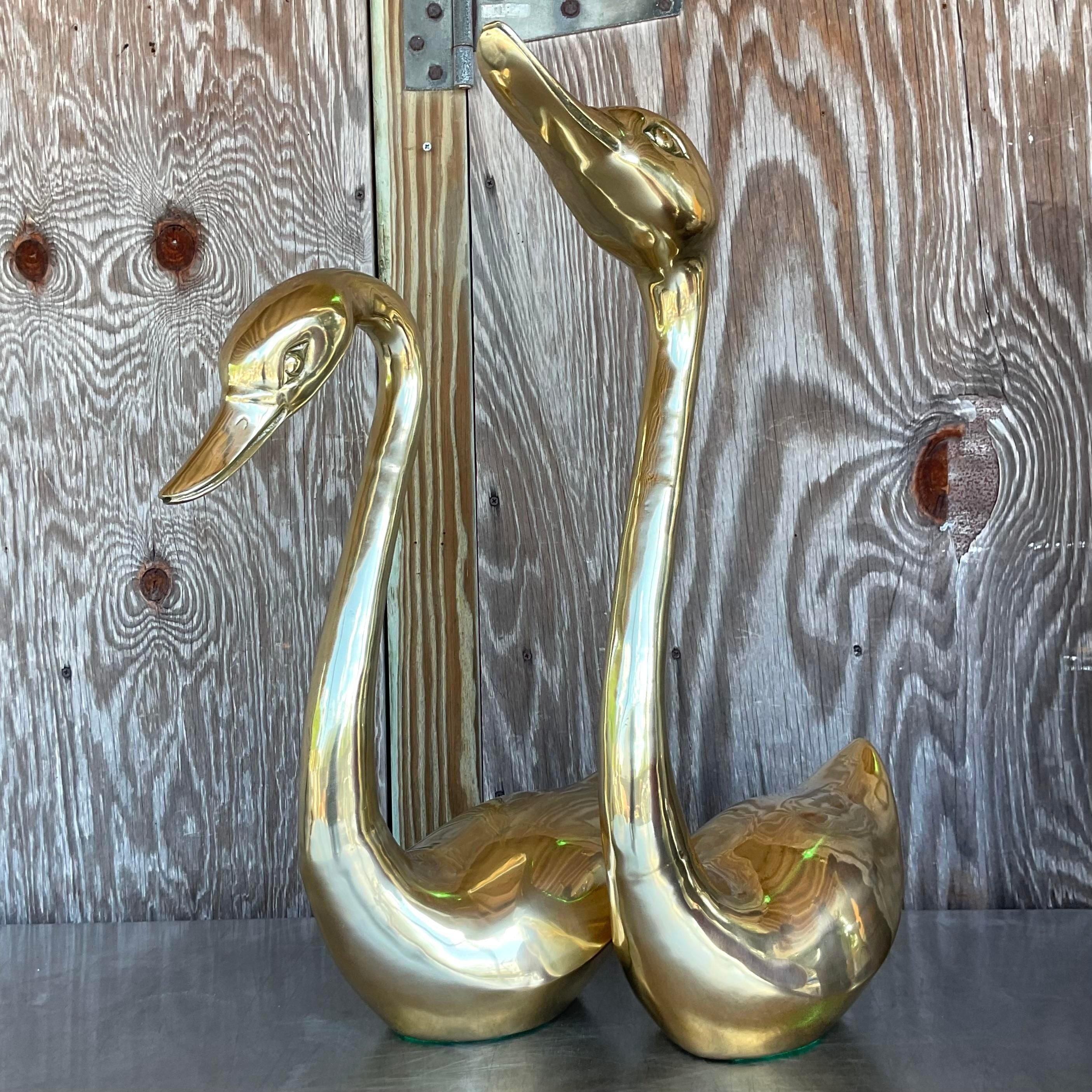 Vintage Regency Solid Brass Ducks - a Pair In Good Condition For Sale In west palm beach, FL