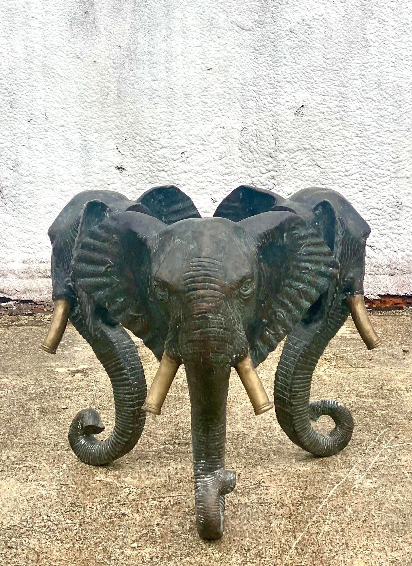 Organic Modern Vintage Regency Solid Bronze Elephant Center Table Pedestal For Sale