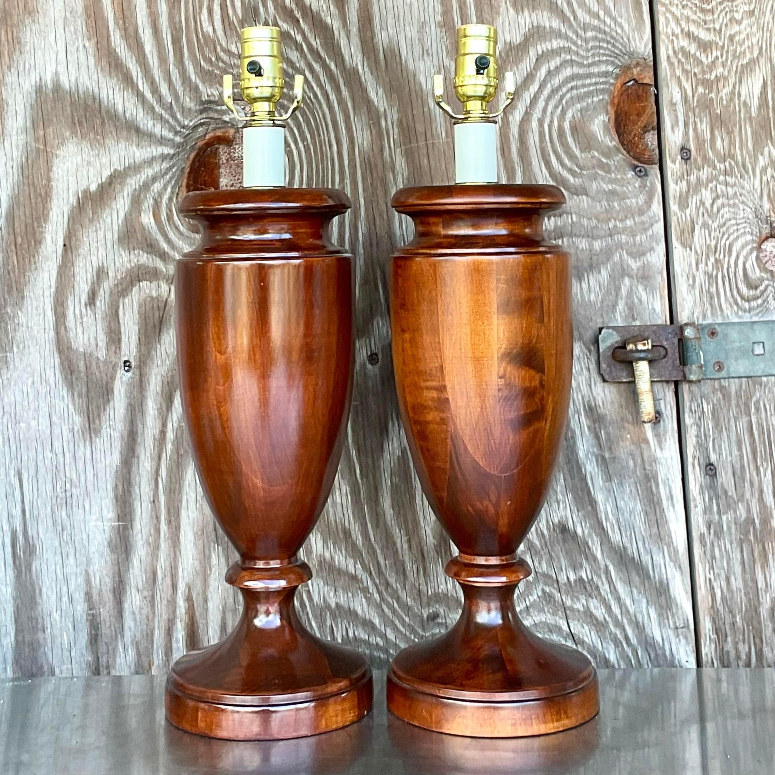 American Vintage Regency Solid Wood Urn Lamps - a Pair
