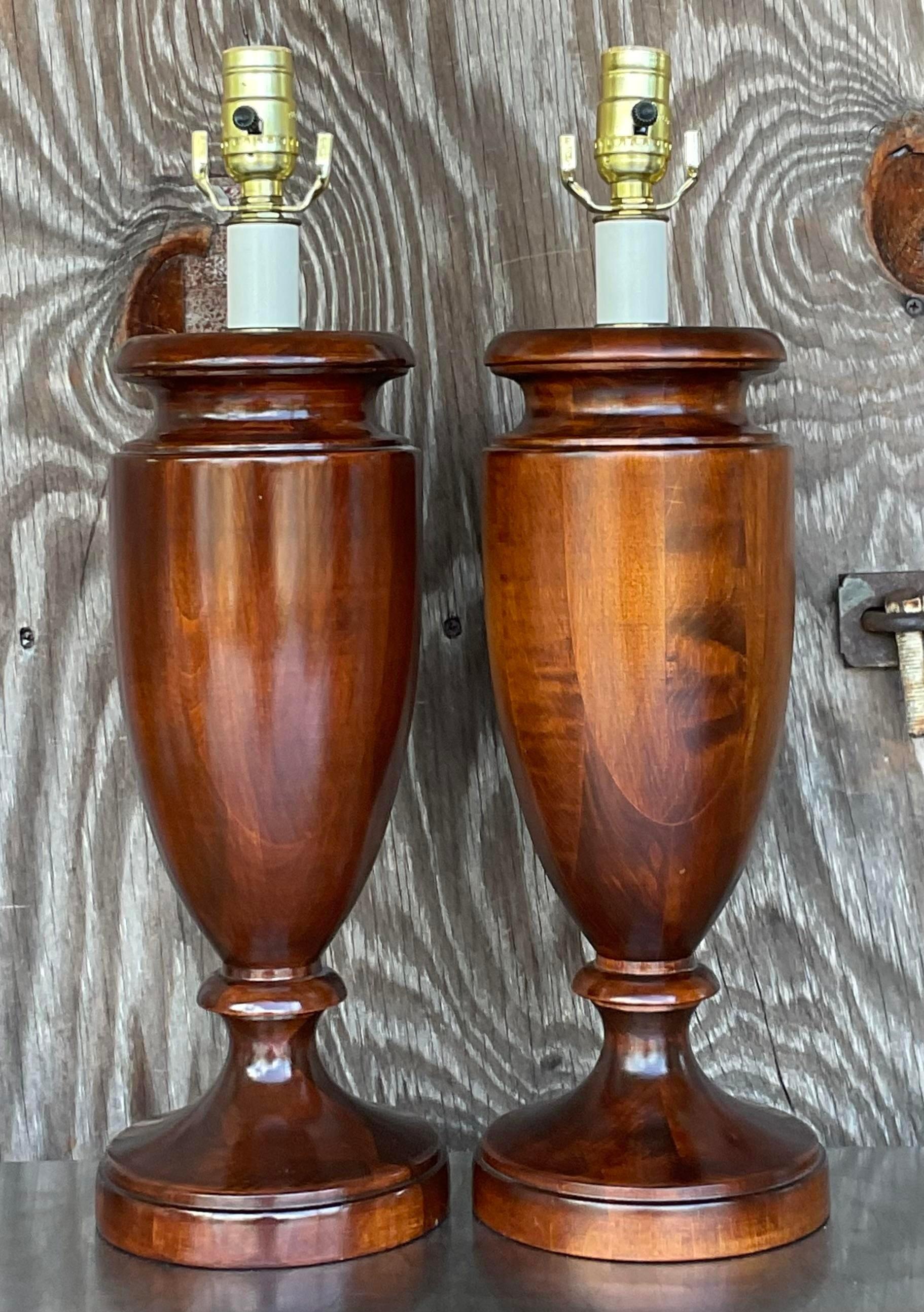 Vintage Regency Solid Wood Urn Lamps - a Pair In Good Condition In west palm beach, FL