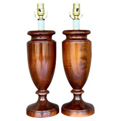 Vintage Regency Solid Wood Urn Lamps - a Pair