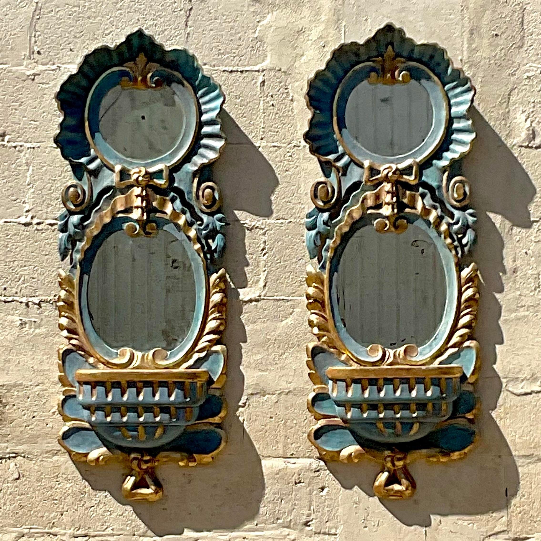 20th Century Vintage Regency Spanish Chapman Gilt Tipped Ruffle Mirrors, a Pair
