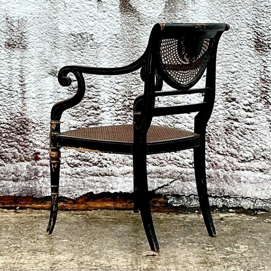 Vintage Regency Spider Web Cane Arm Chair In Good Condition For Sale In west palm beach, FL