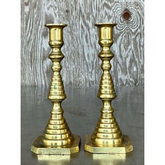Vintage Regency Stacked Brass Candlesticks - A Pair