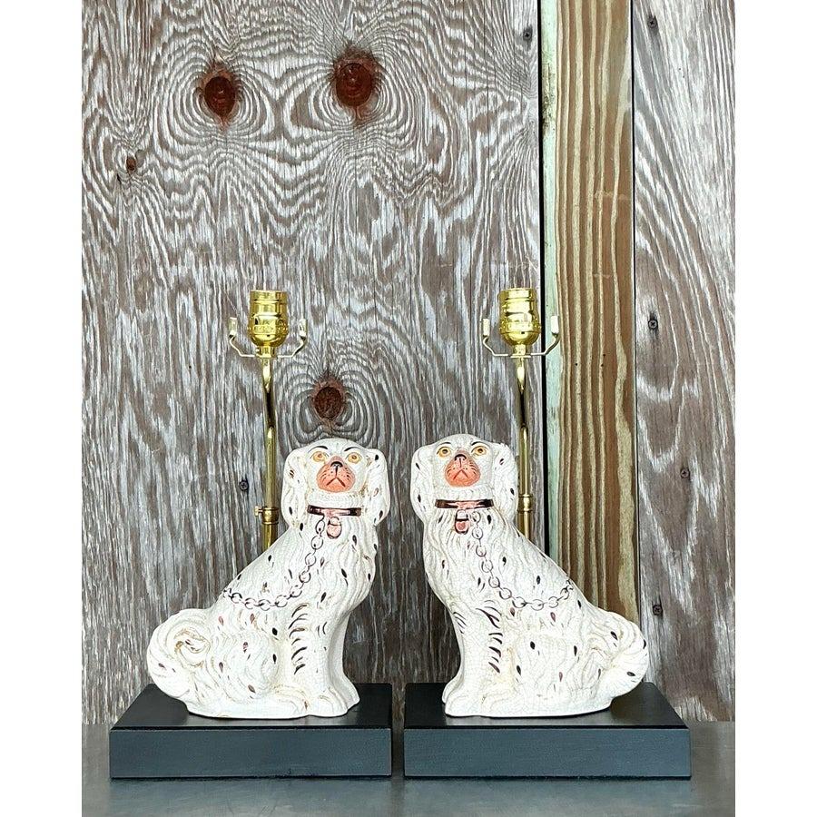 Vintage Regency Staffordshire Dog Lamps In Good Condition For Sale In west palm beach, FL