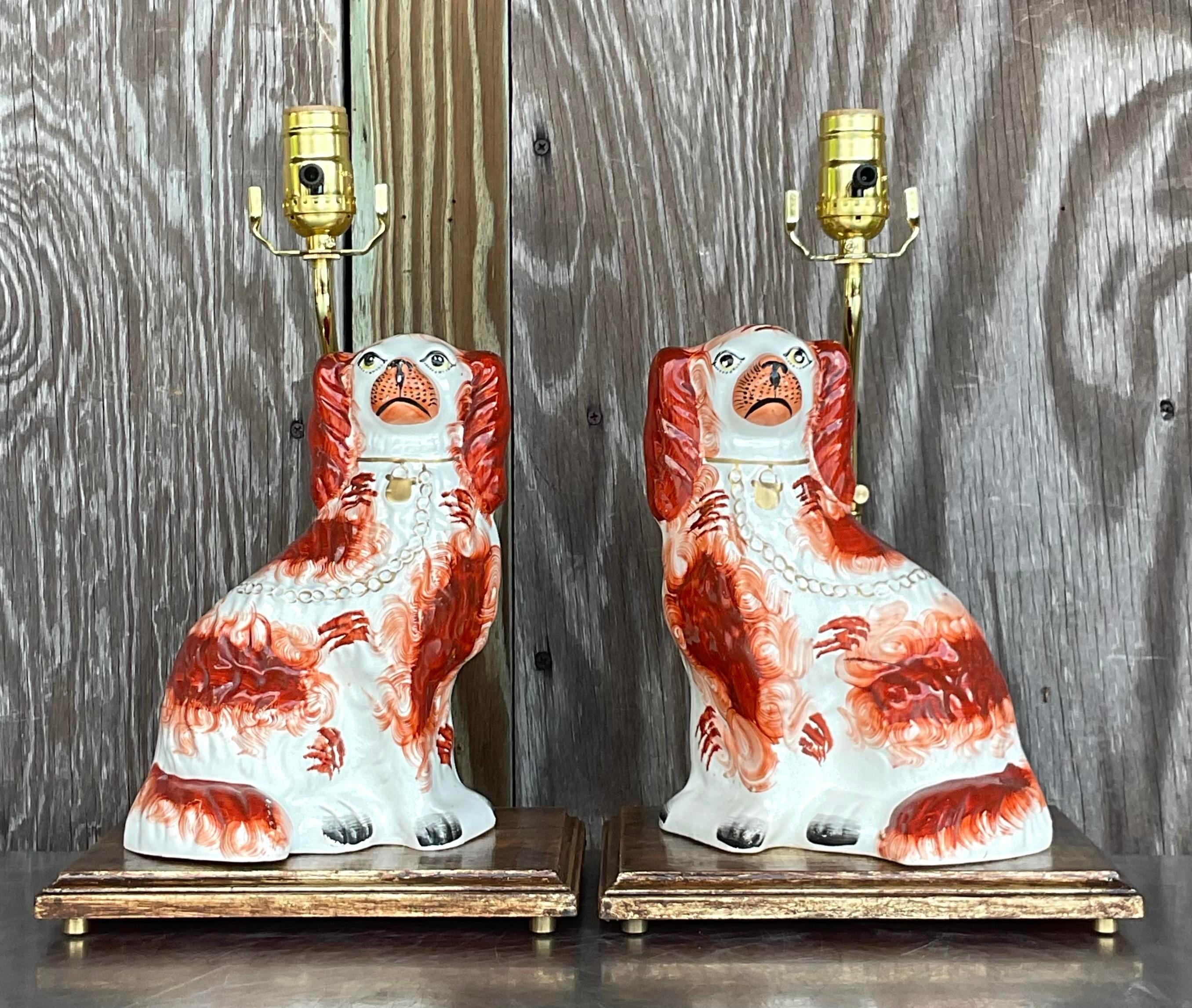 Vintage Regency Staffordshire Style Dog Table Lamps - a Pair In Good Condition For Sale In west palm beach, FL
