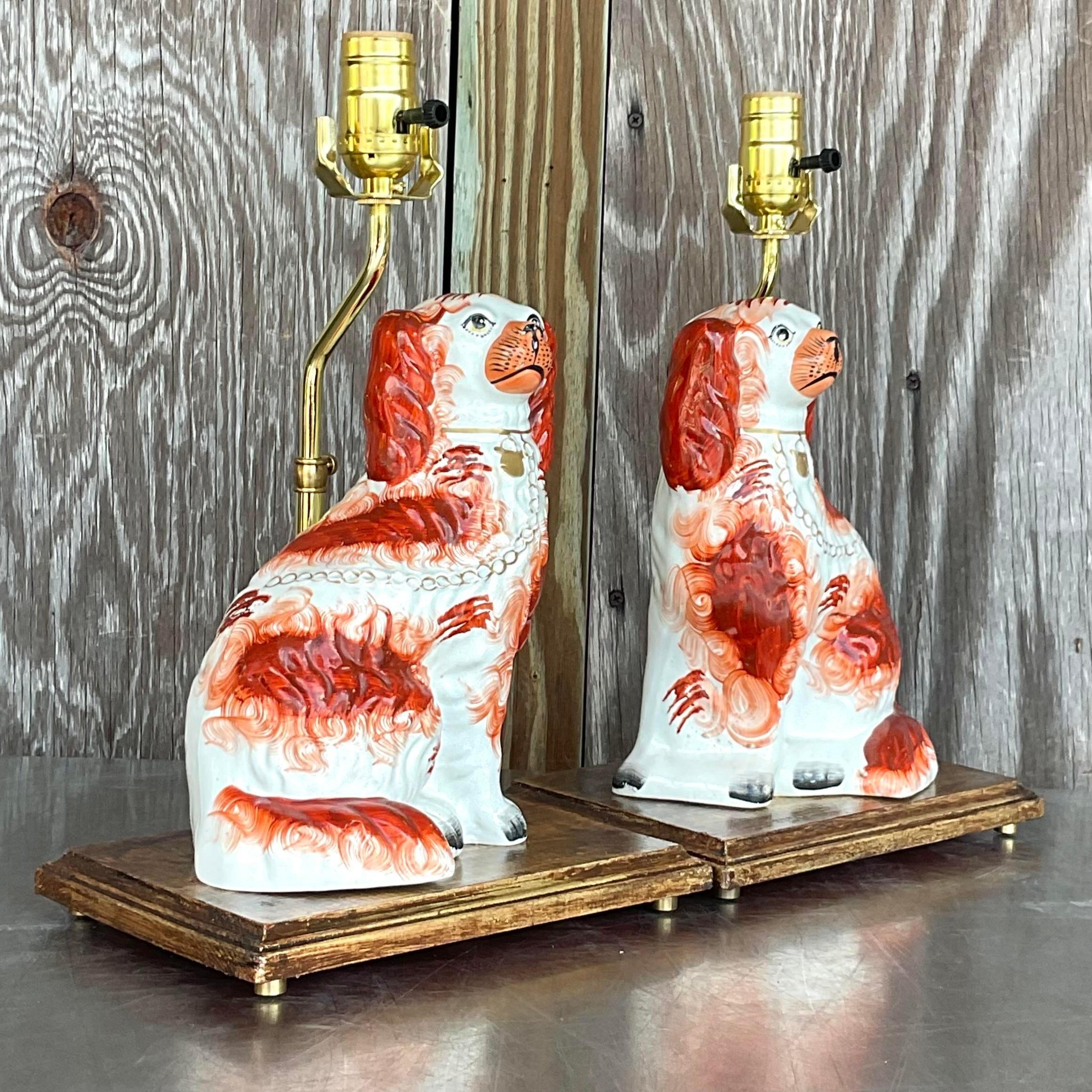 20th Century Vintage Regency Staffordshire Style Dog Table Lamps - a Pair For Sale