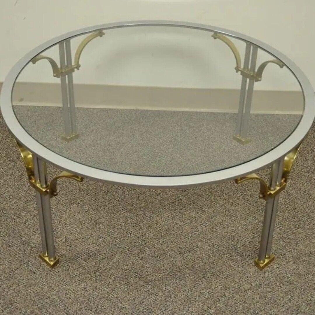 Vintage Regency Steel Brass Round Glass Coffee Table Maison Jansen Style In Good Condition For Sale In Philadelphia, PA