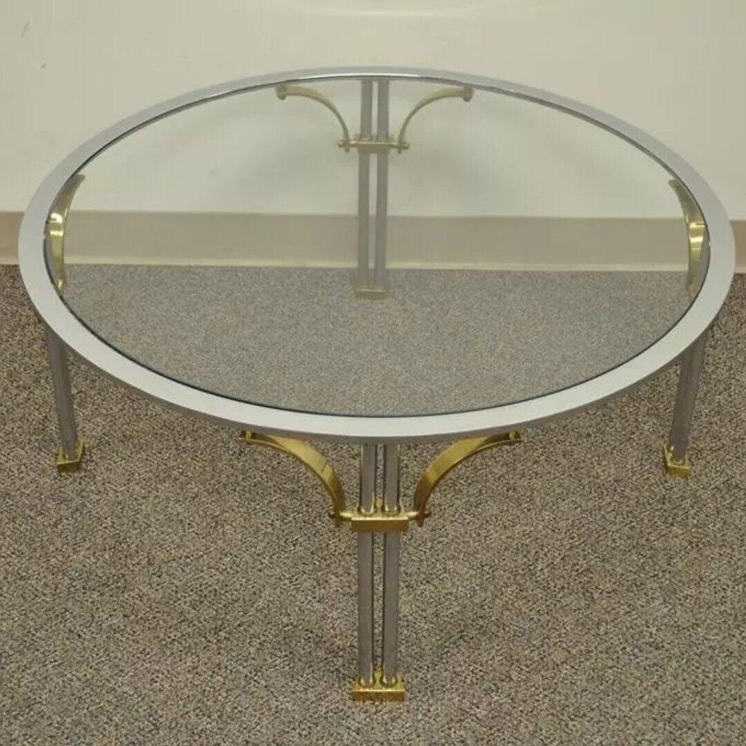 Metal Vintage Regency Steel Brass Round Glass Coffee Table Maison Jansen Style For Sale