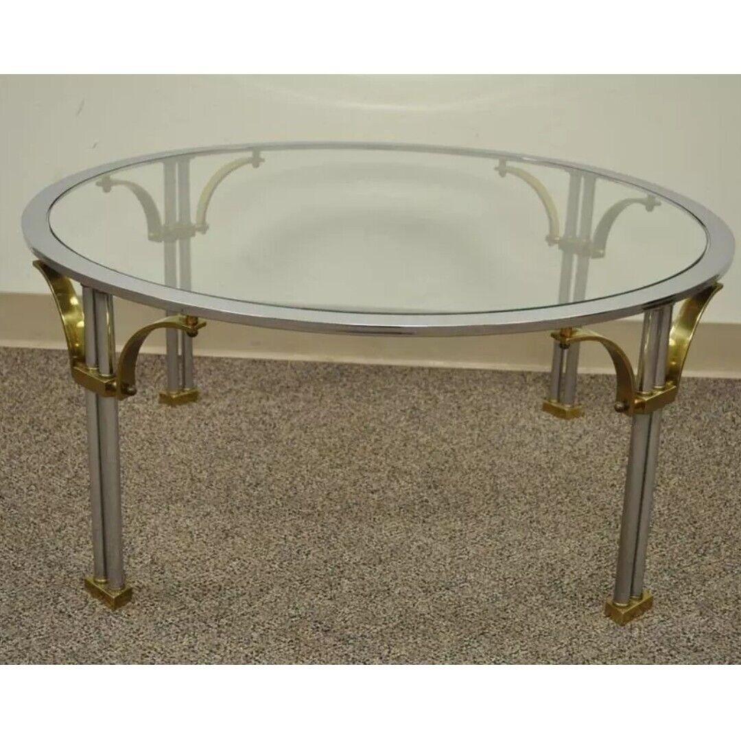Vintage Regency Steel Brass Round Glass Coffee Table Maison Jansen Style For Sale 3