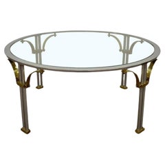 Tavolino da caffè rotondo in vetro vintage Regency in acciaio e ottone in stile Maison Jansen