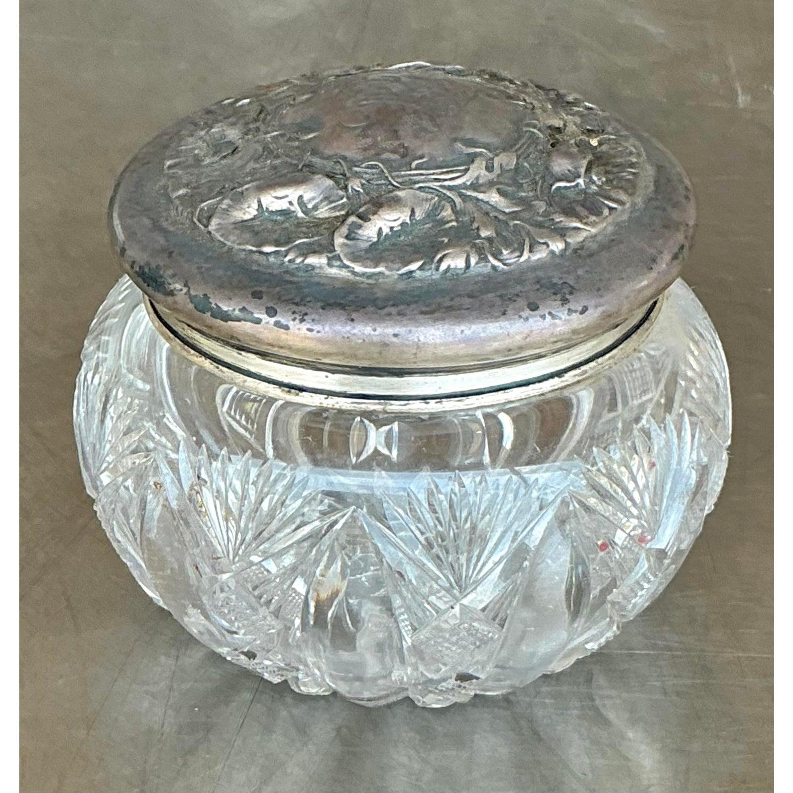 Sterling Silver Vintage Regency Sterling and Crystal Lidded Bowl For Sale