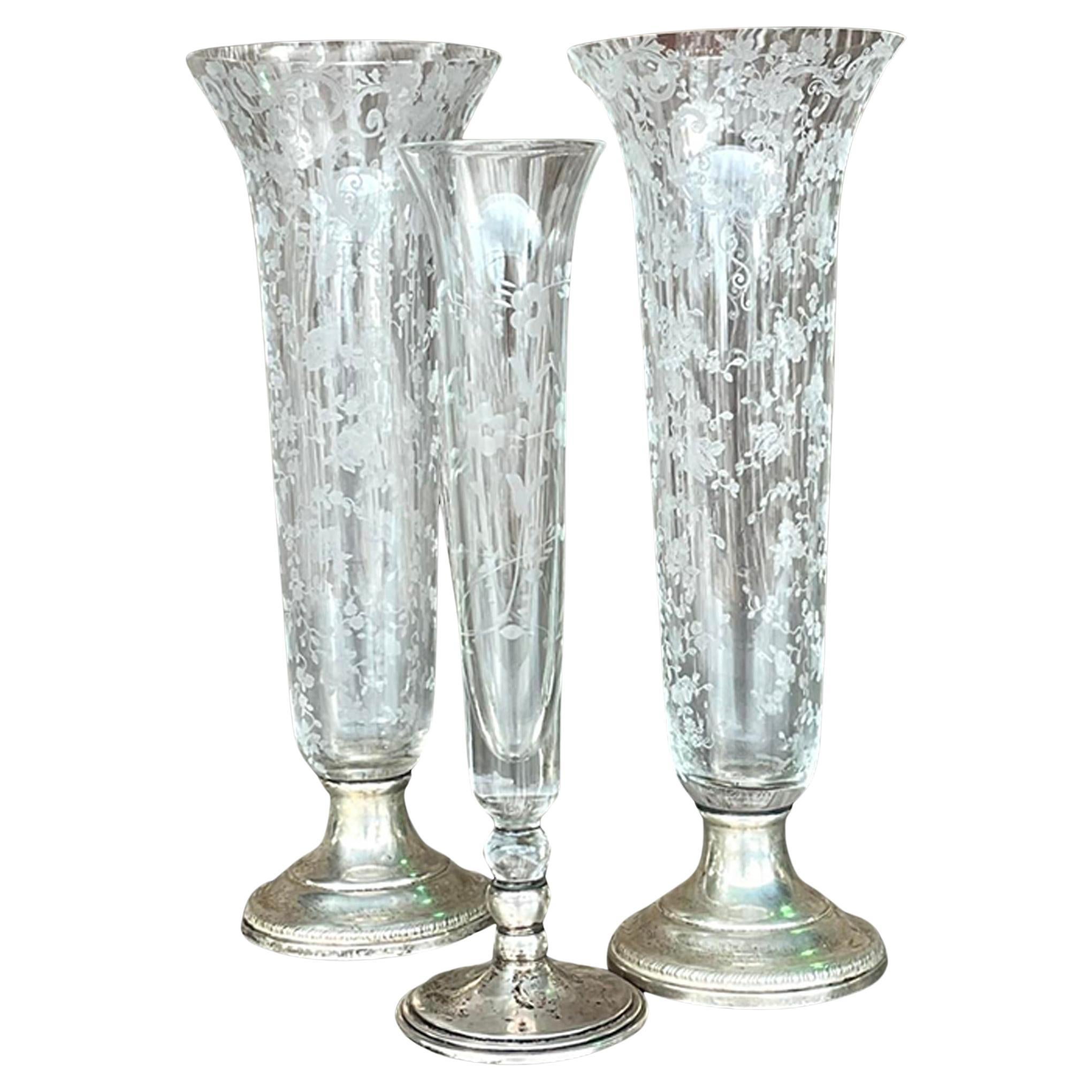 Vasi vintage Regency in argento e vetro acidato - Set di 3 vasi