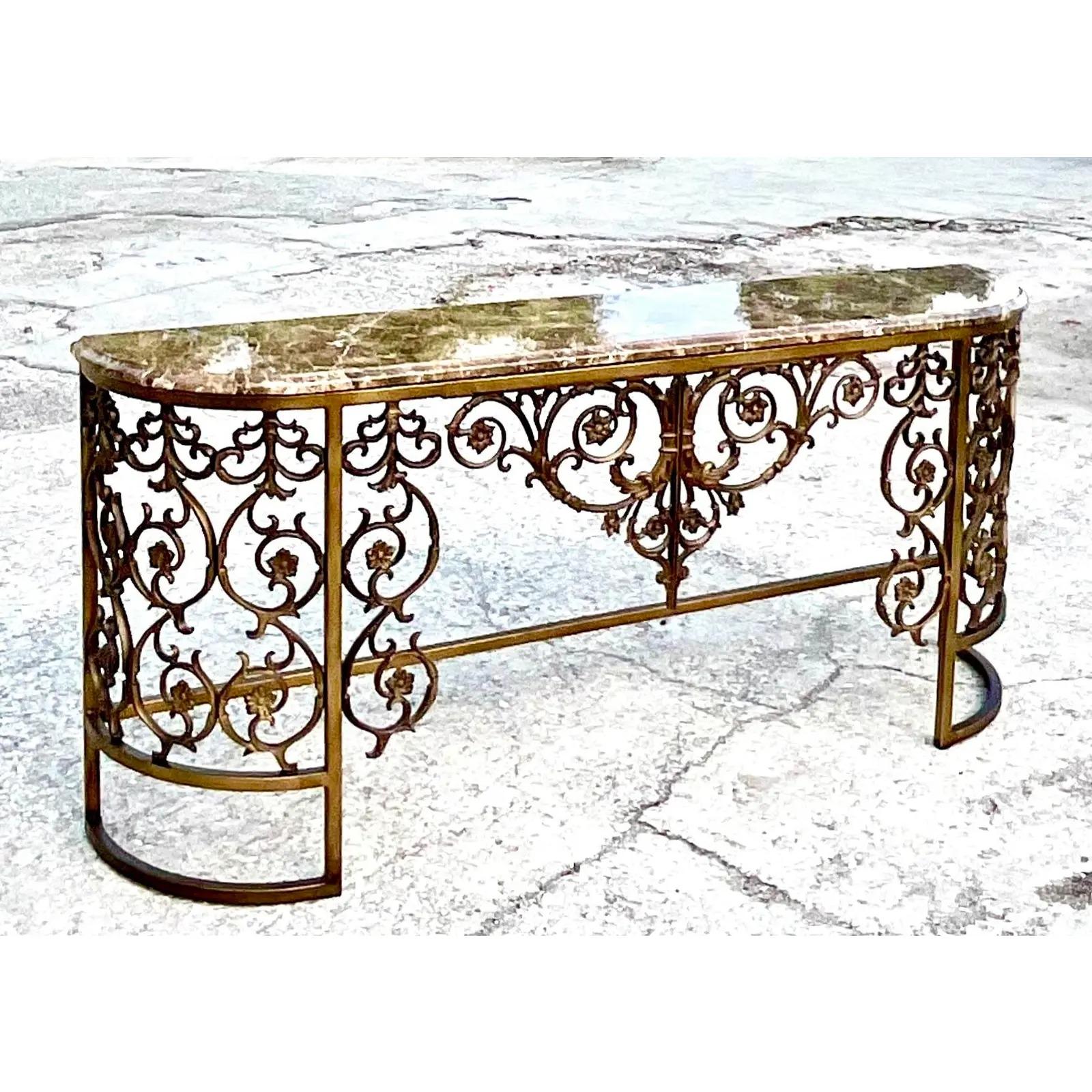 North American Vintage Regency Stone Top Wrought Iron Console Table