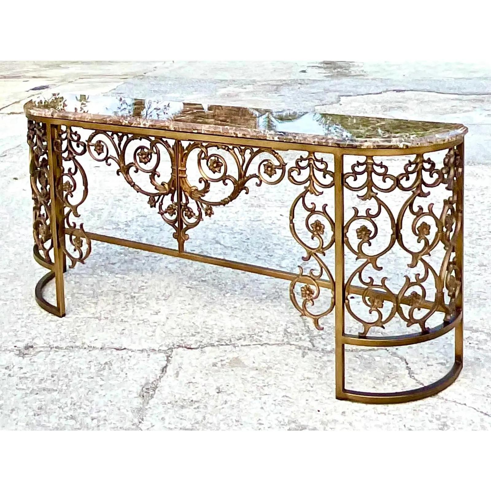 Vintage Regency Stone Top Wrought Iron Console Table In Good Condition In west palm beach, FL