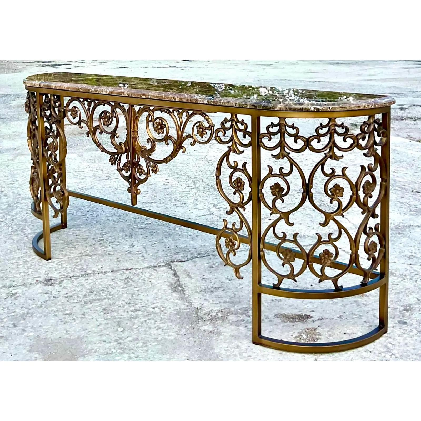 Vintage Regency Stone Top Wrought Iron Console Table 1