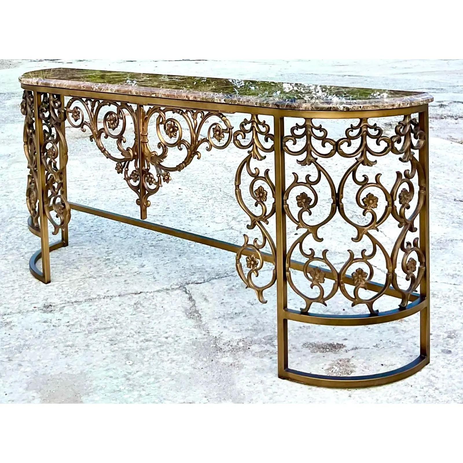 Vintage Regency Stone Top Wrought Iron Console Table 2